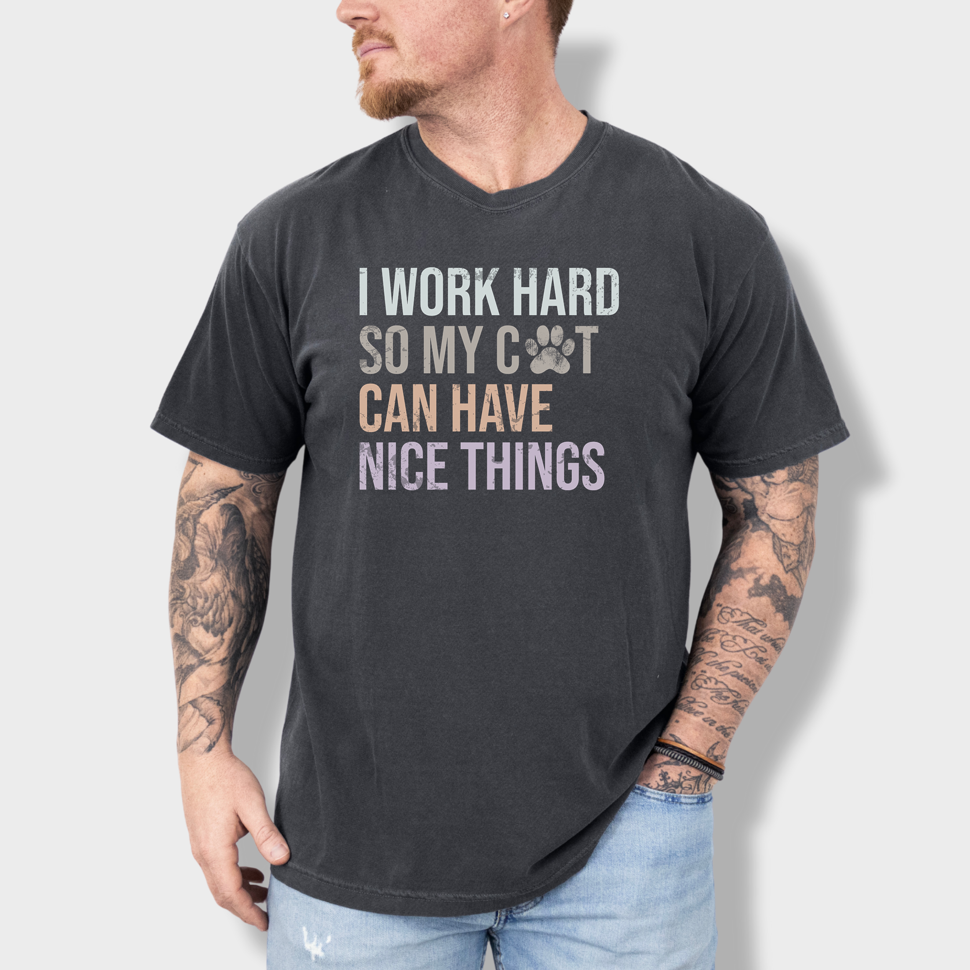 Vintage I Work Hard So My Cat Can Have Nice Things Cute Cat Minimalist Comfort Colors T-Shirt in Pepper
