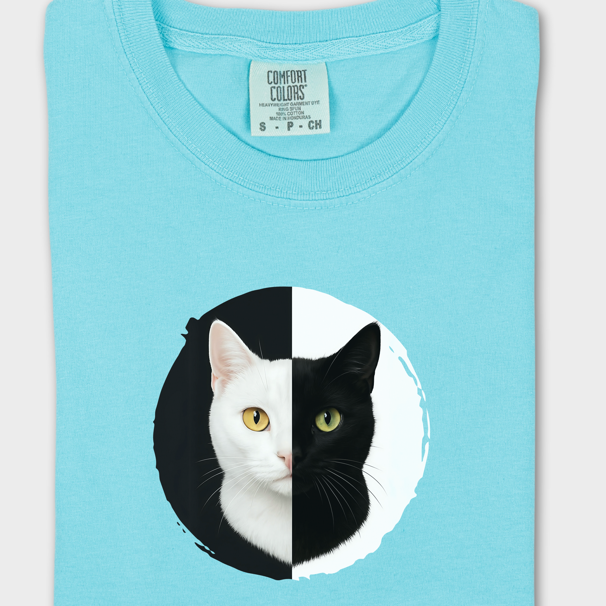 Retro Black and White Cat Head Cat Graphic Comfort Colors T-Shirt in Lagoon Blue-Fetch N Found