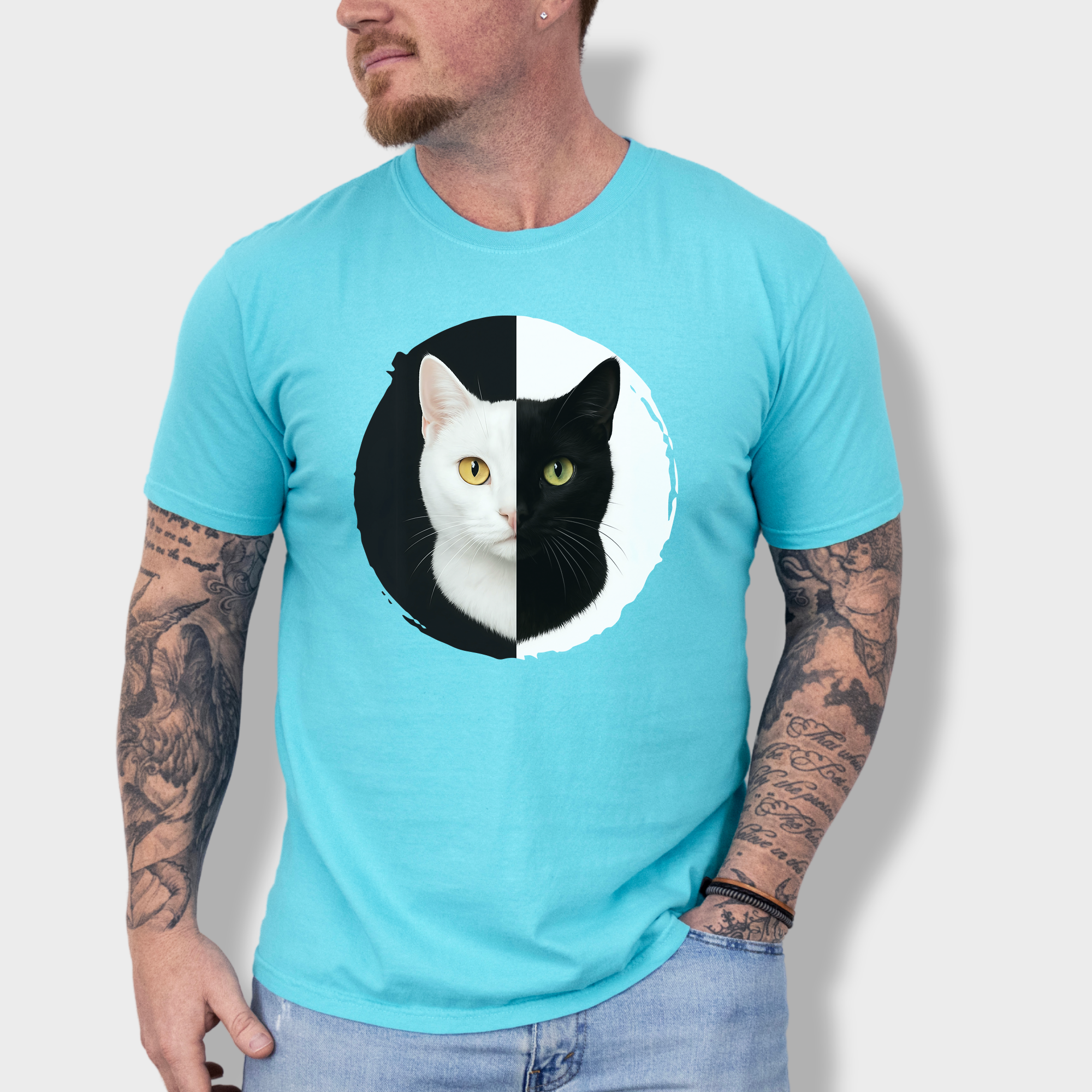 Retro Black and White Cat Head Cat Graphic Comfort Colors T-Shirt in Lagoon Blue-Fetch N Found
