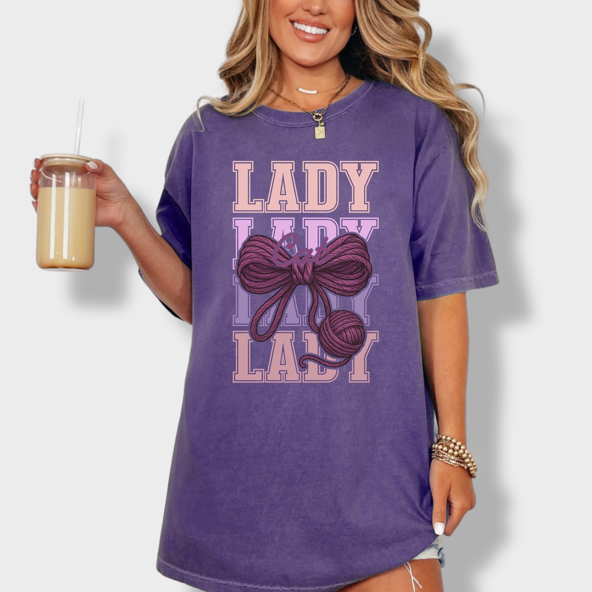 Retro Cat LADY Yarn Bow Cat Bow Comfort Colors T-Shirt in Grape-Fetch N Found