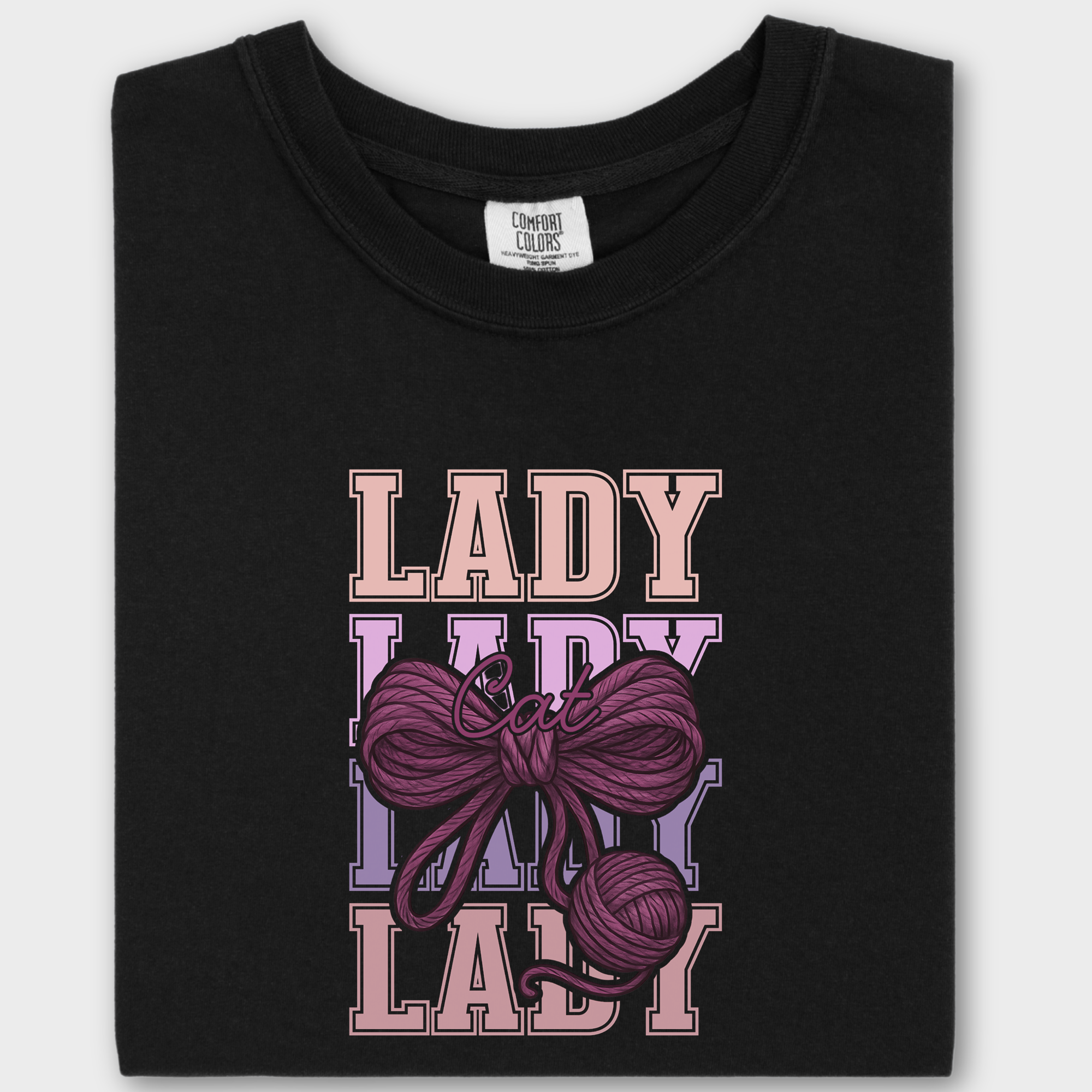 Retro Cat LADY Yarn Bow Cat Bow Comfort Colors T-Shirt in Black-Fetch N Found