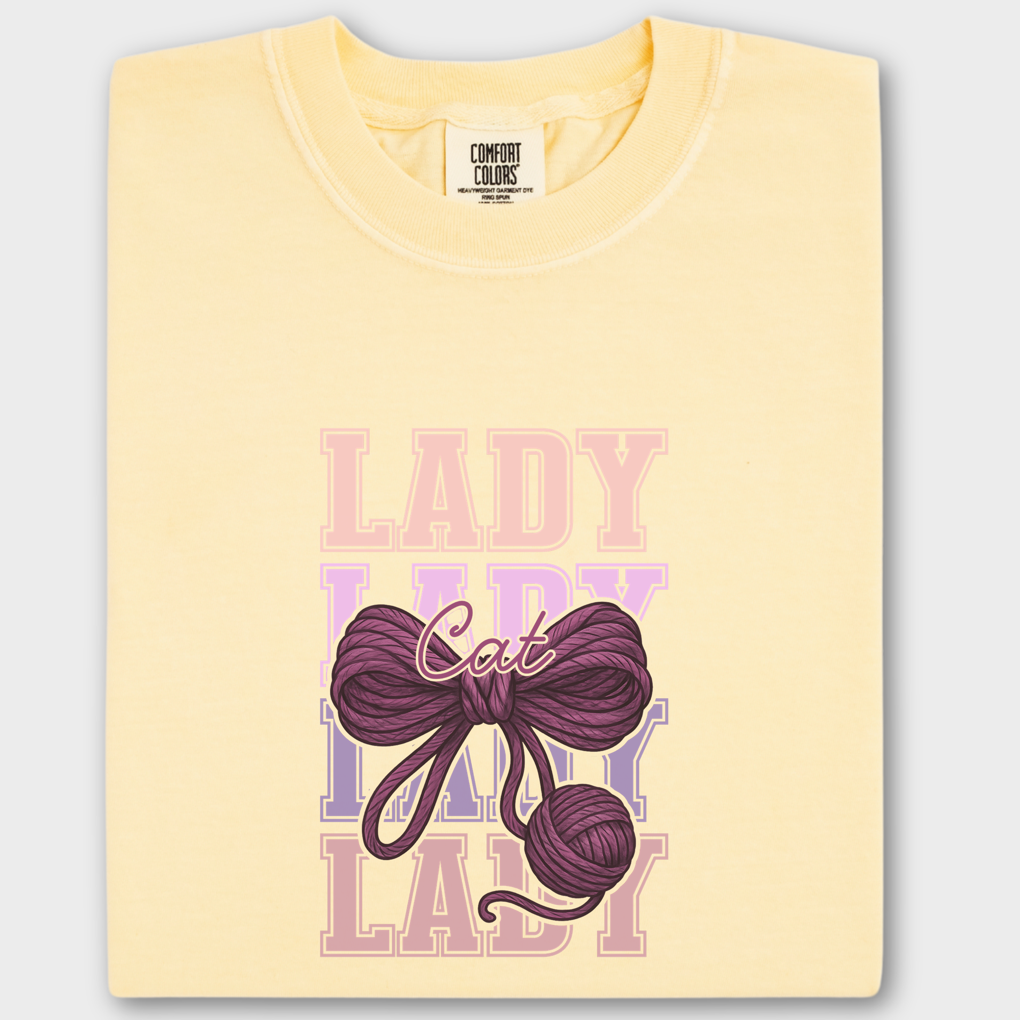 Retro Cat LADY Yarn Bow Cat Bow Comfort Colors T-Shirt in Butter-Fetch N Found