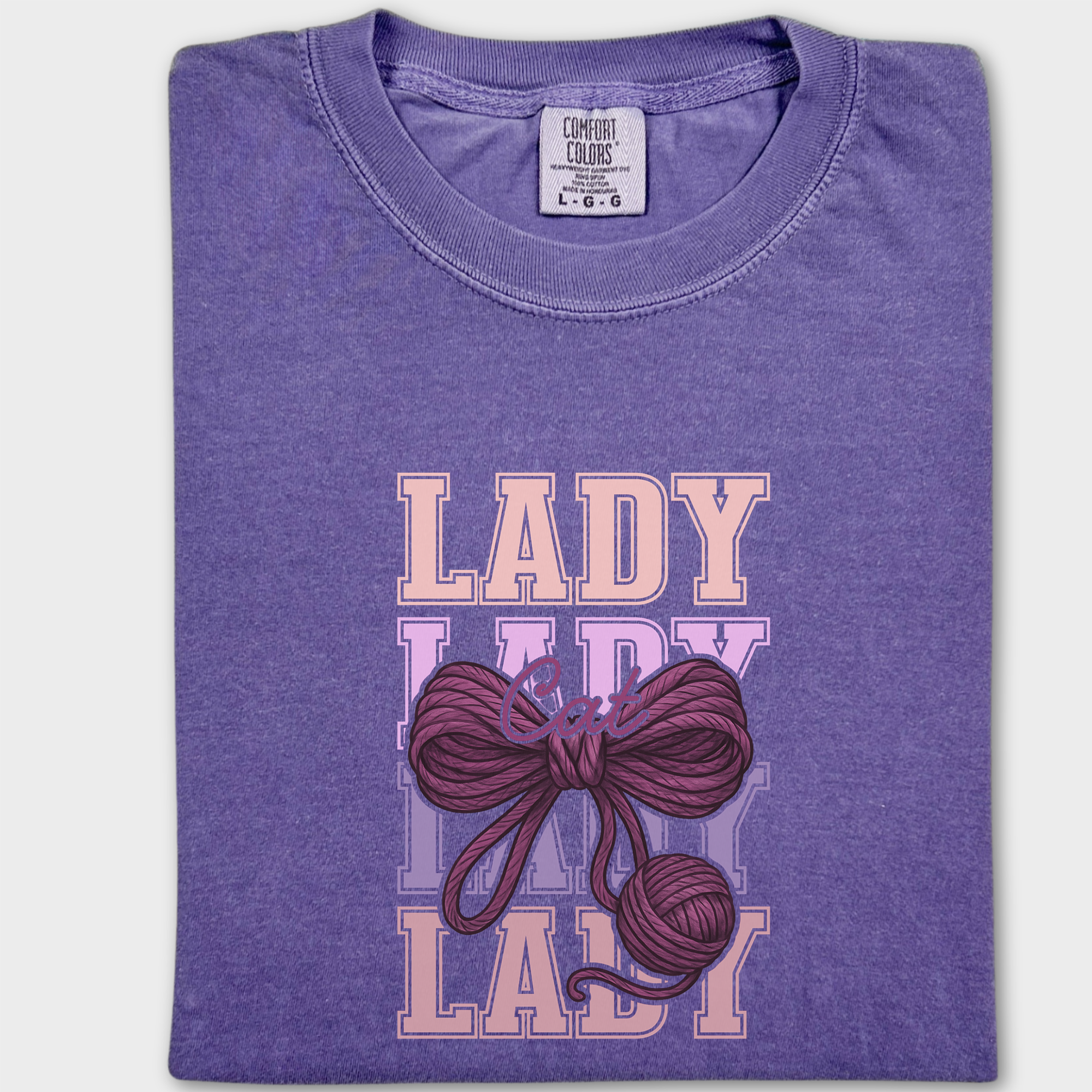 Retro Cat LADY Yarn Bow Cat Bow Comfort Colors T-Shirt in Grape-Fetch N Found