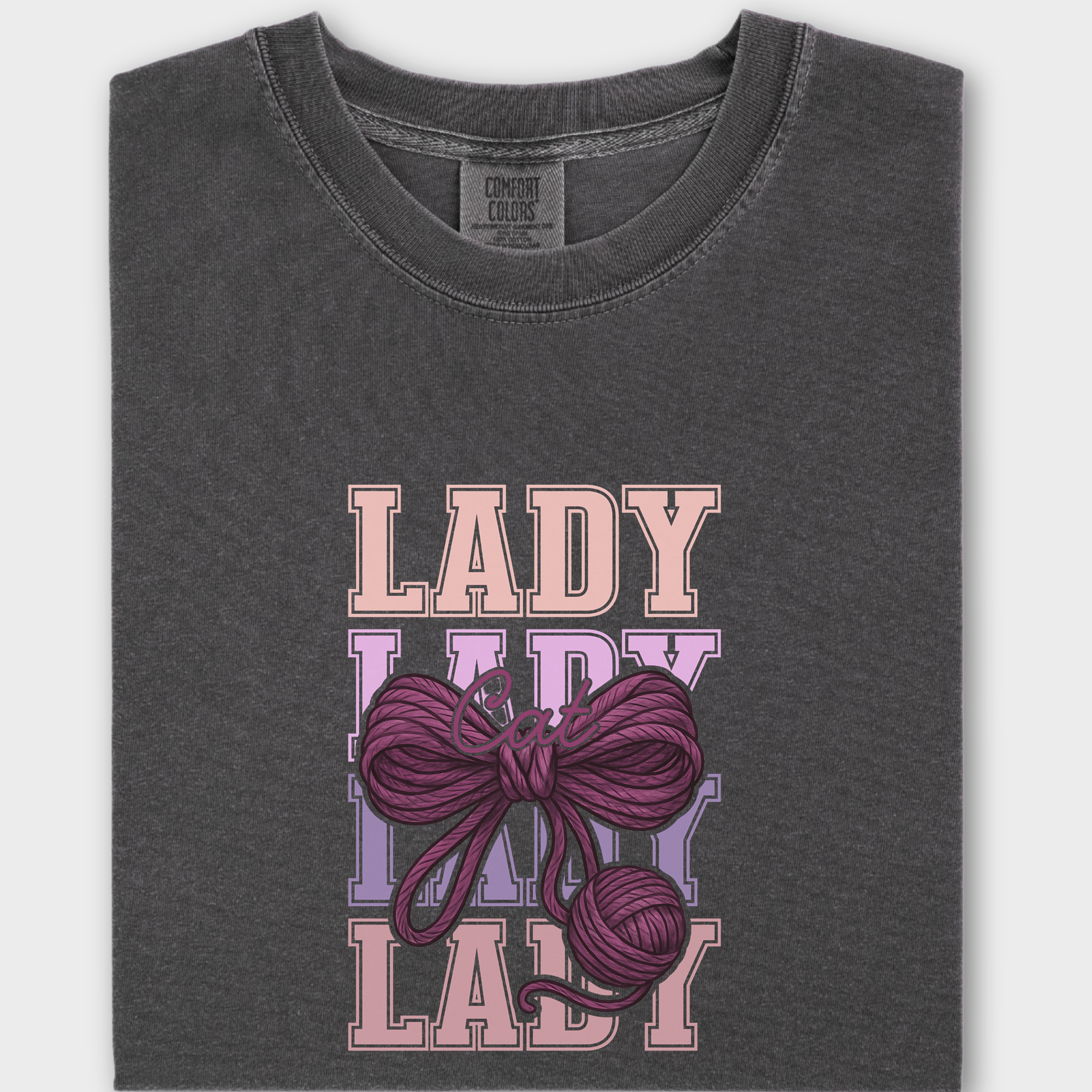 Retro Cat LADY Yarn Bow Cat Bow Comfort Colors T-Shirt in Pepper-Fetch N Found