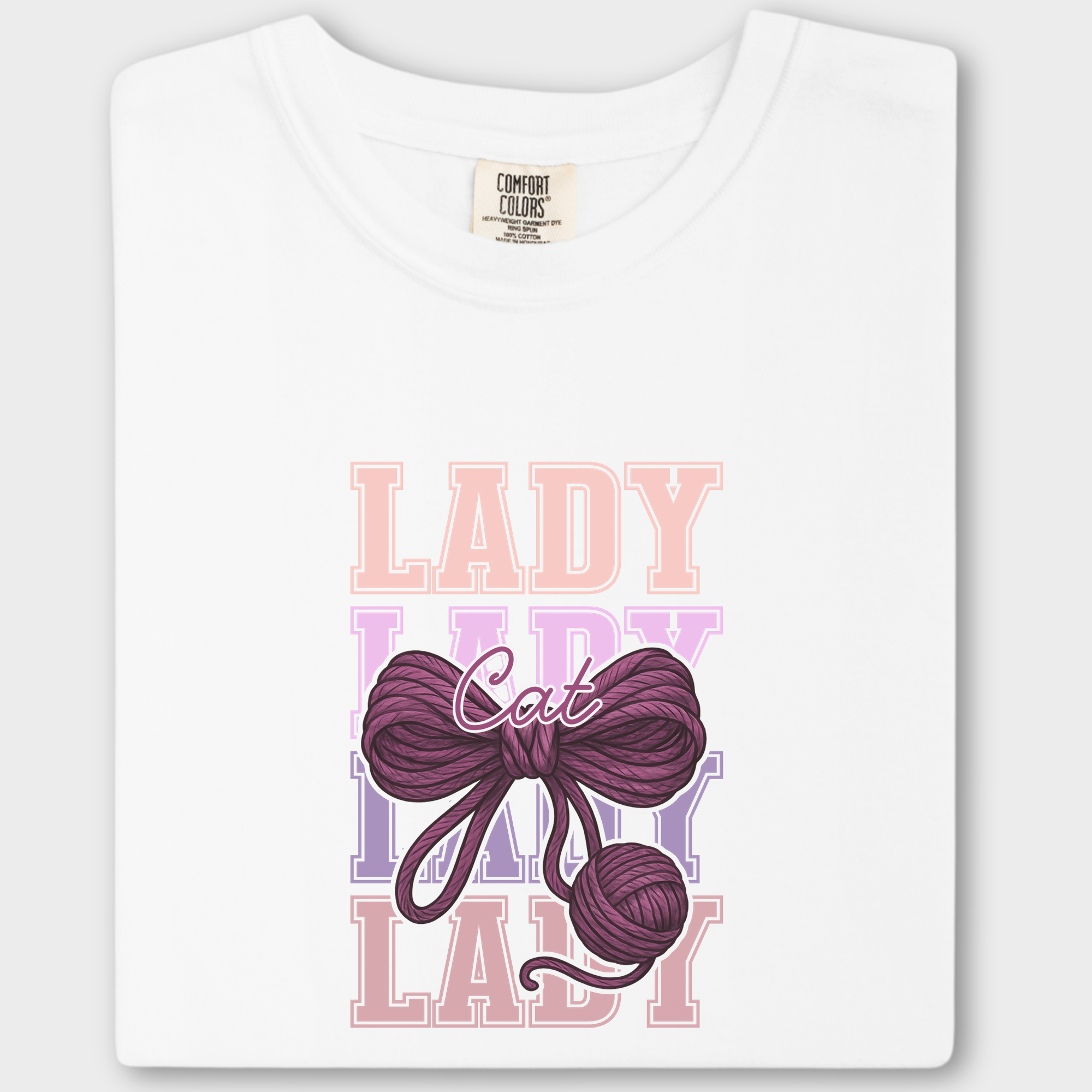 Retro Cat LADY Yarn Bow Cat Bow Comfort Colors T-Shirt in White-Fetch N Found