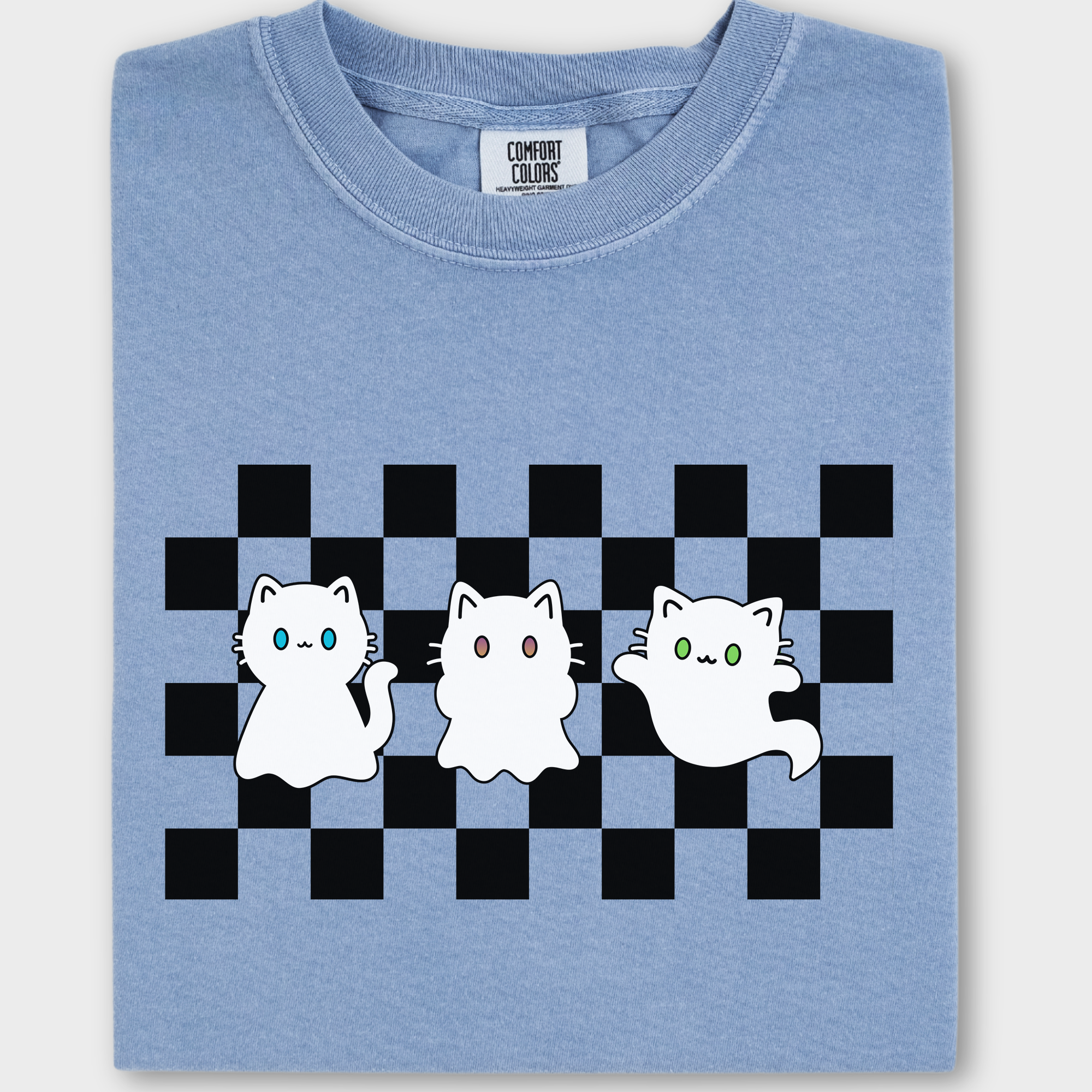 Minimalist Friendly Cat Ghosts Cat Graphic Comfort Colors T-Shirt in Washed Denim-T-Shirt-Washed Denim-Fetch N Found