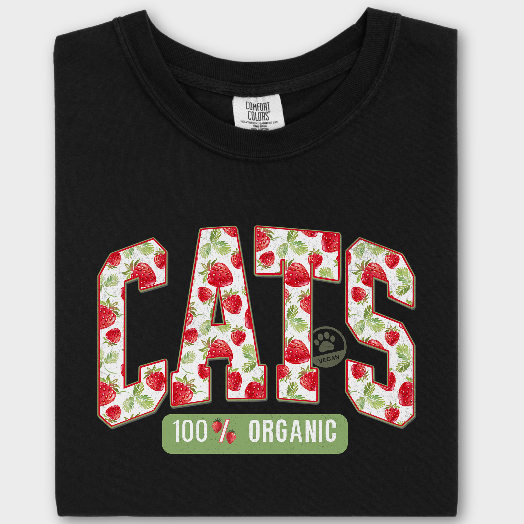 Floral Vintage Strawberry Market CATS Organic Cat Text Comfort Colors T-Shirt in Black-T-Shirt-Black-Fetch N Found