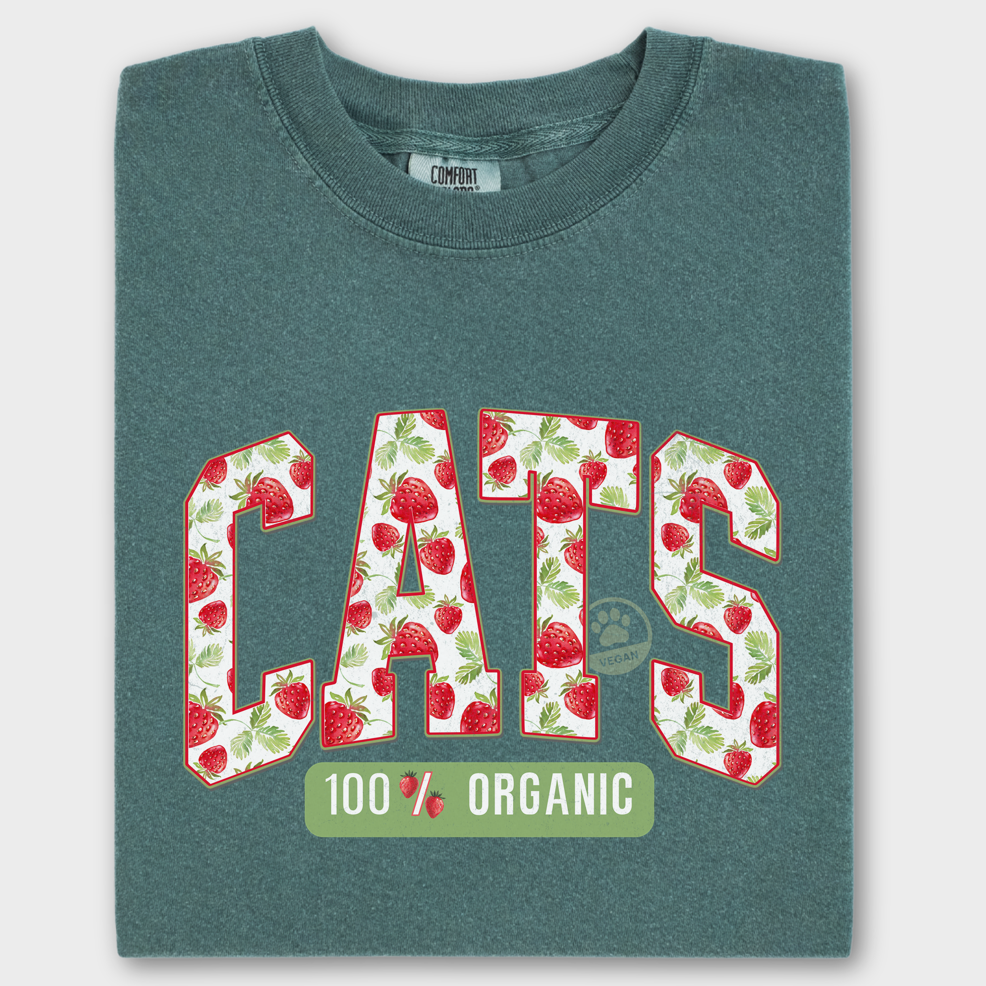 Floral Vintage Strawberry Market CATS Organic Cat Text Comfort Colors T-Shirt in Blue Spruce-T-Shirt-Blue Spruce-Fetch N Found