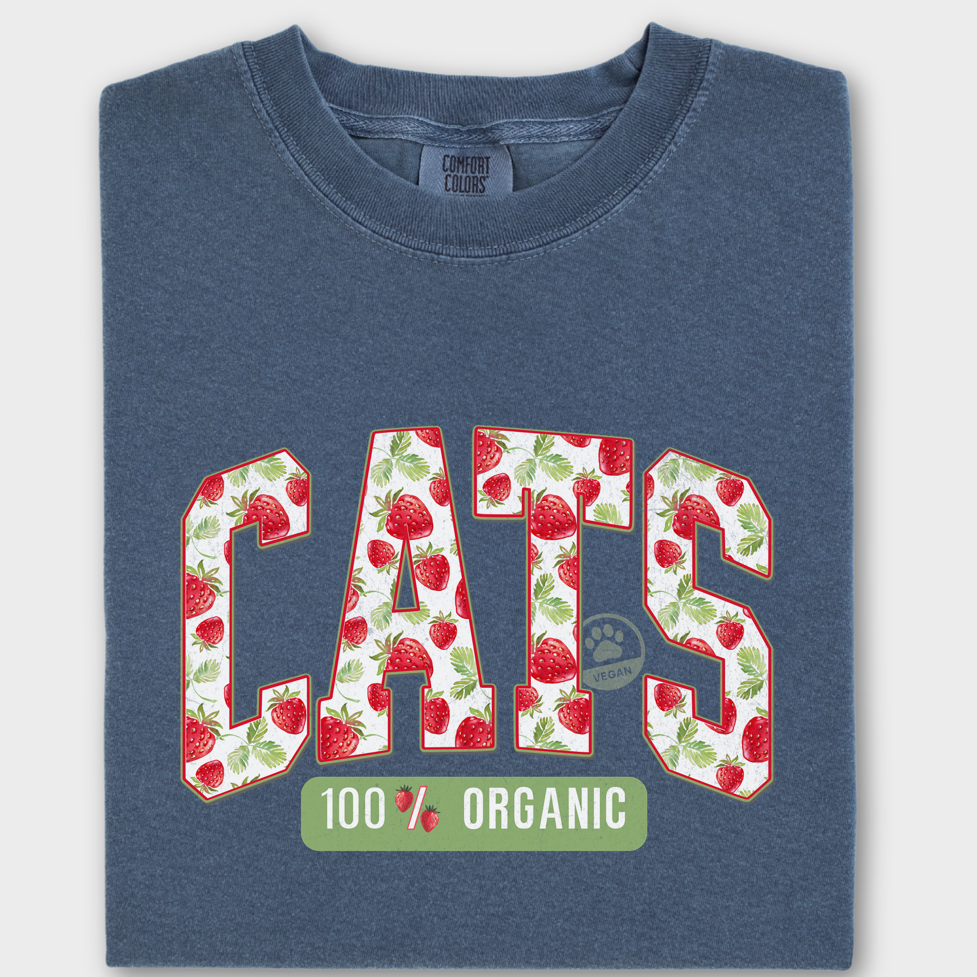 Floral Vintage Strawberry Market CATS Organic Cat Text Comfort Colors T-Shirt in Denim-T-Shirt-Denim-Fetch N Found