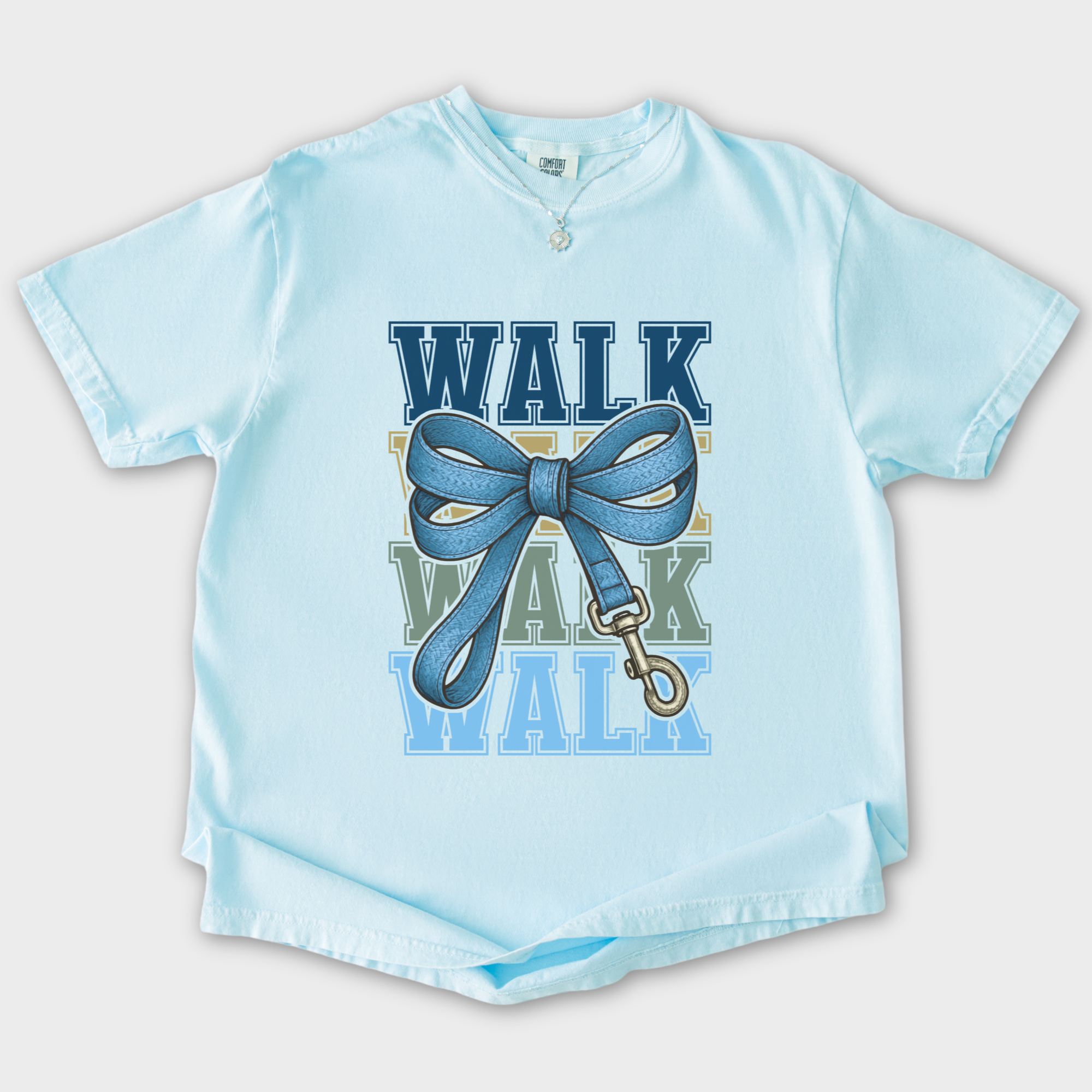 Retro WALK Dog Leash Bow Dog Bow Comfort Colors T-Shirt in Chambray