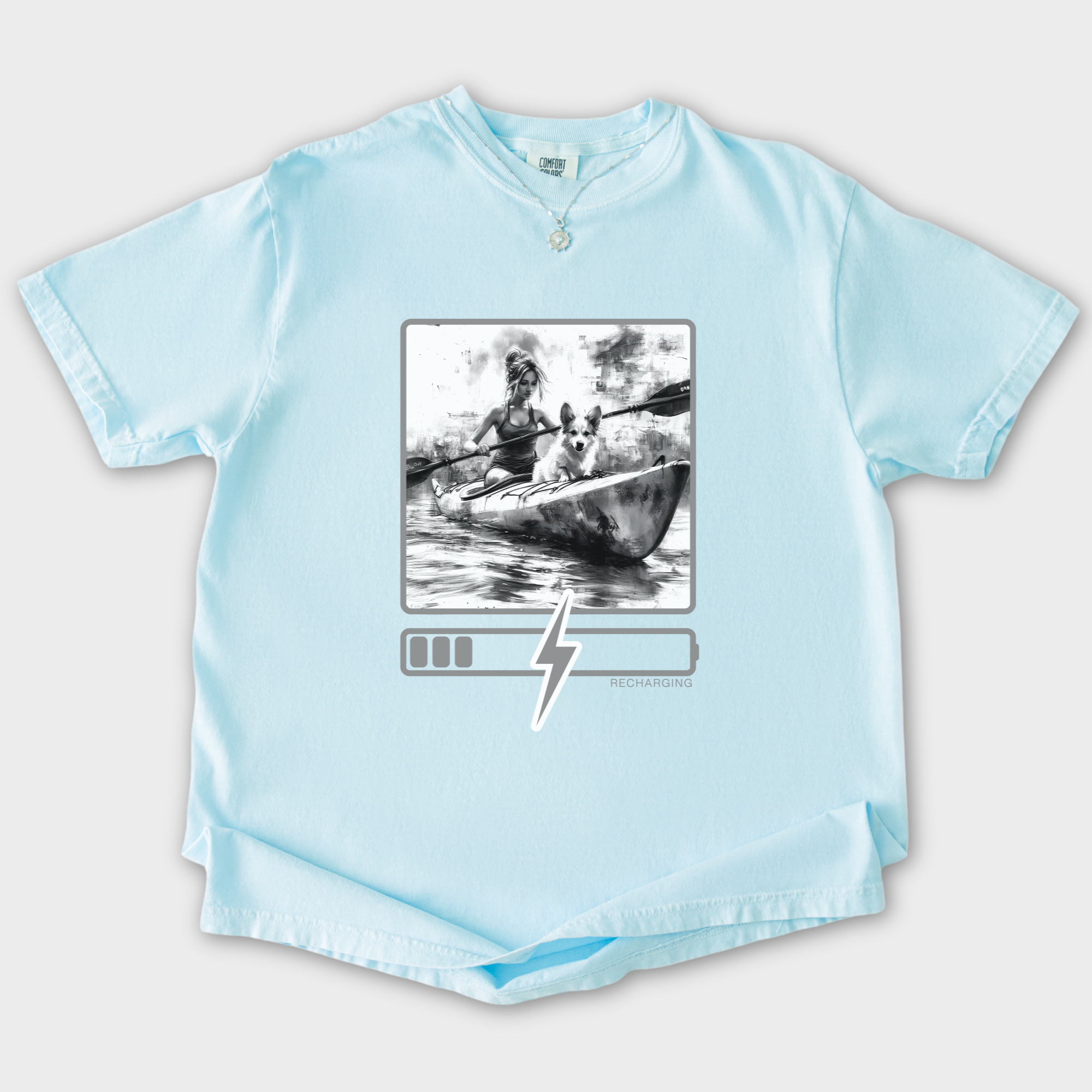 Artistic Recharging Dog Graphic Comfort Colors T-Shirt in Chambray