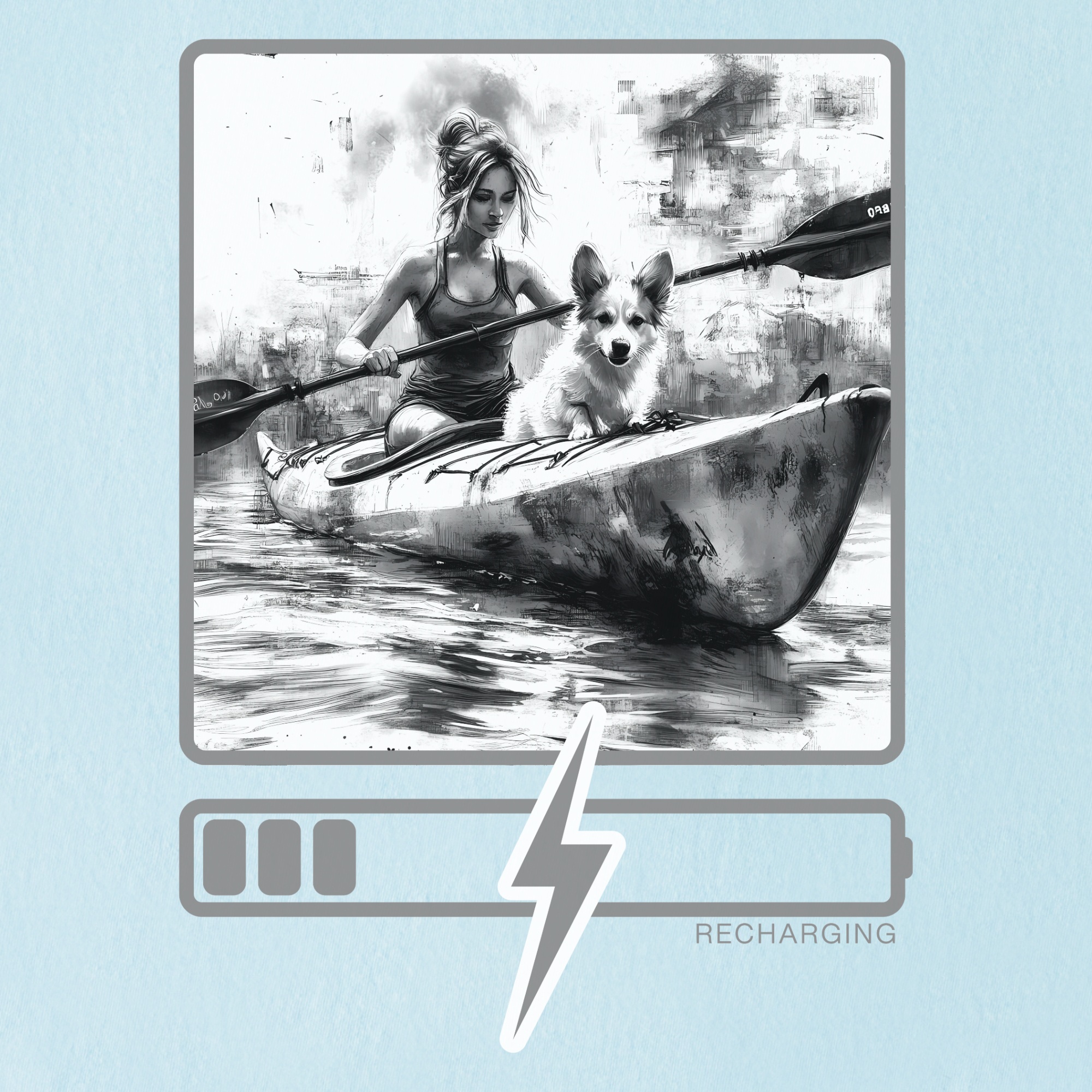 Artistic Recharging Dog Graphic Comfort Colors T-Shirt in Chambray