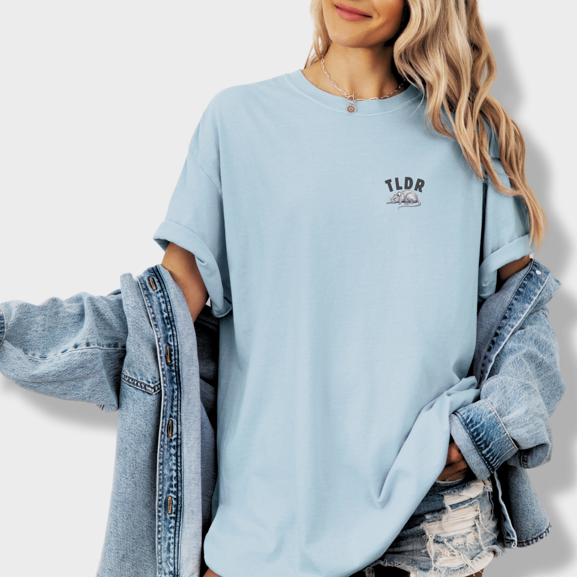 Line Art Too Long Didnt Read TLDR Cat plus Mouse Cat Graphic Comfort Colors T-Shirt in Chambray-T-Shirt-Fetch N Found