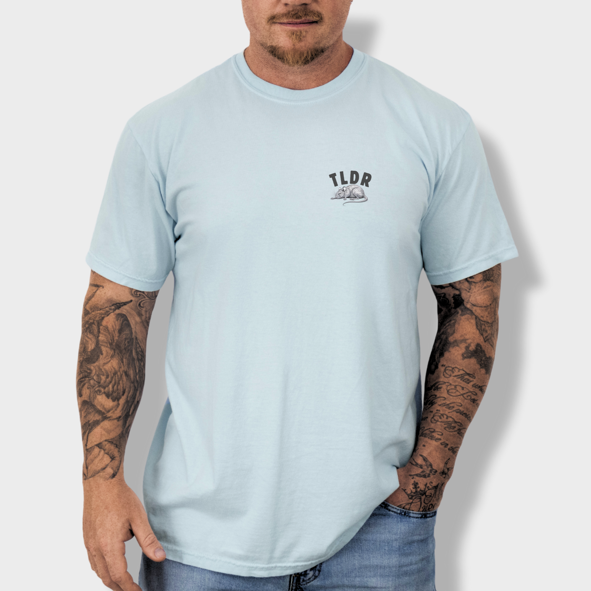 Line Art Too Long Didnt Read TLDR Cat plus Mouse Cat Graphic Comfort Colors T-Shirt in Chambray-T-Shirt-Fetch N Found