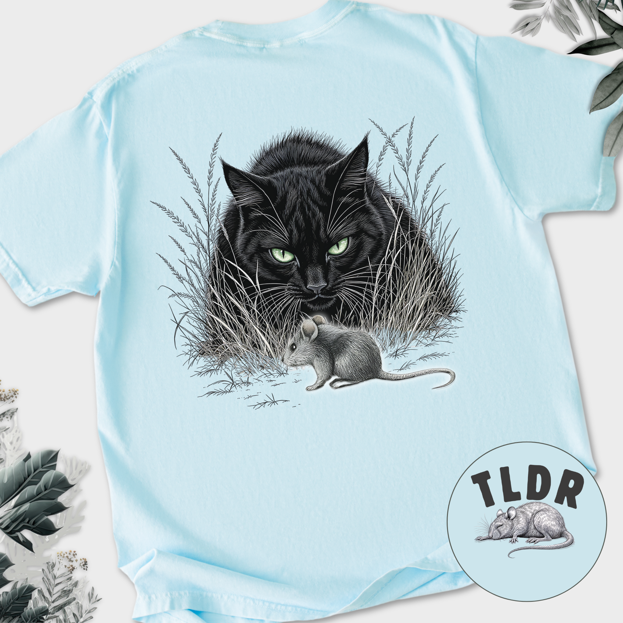 Line Art Too Long Didnt Read TLDR Cat plus Mouse Cat Graphic Comfort Colors T-Shirt in Chambray-T-Shirt-Chambray-Fetch N Found