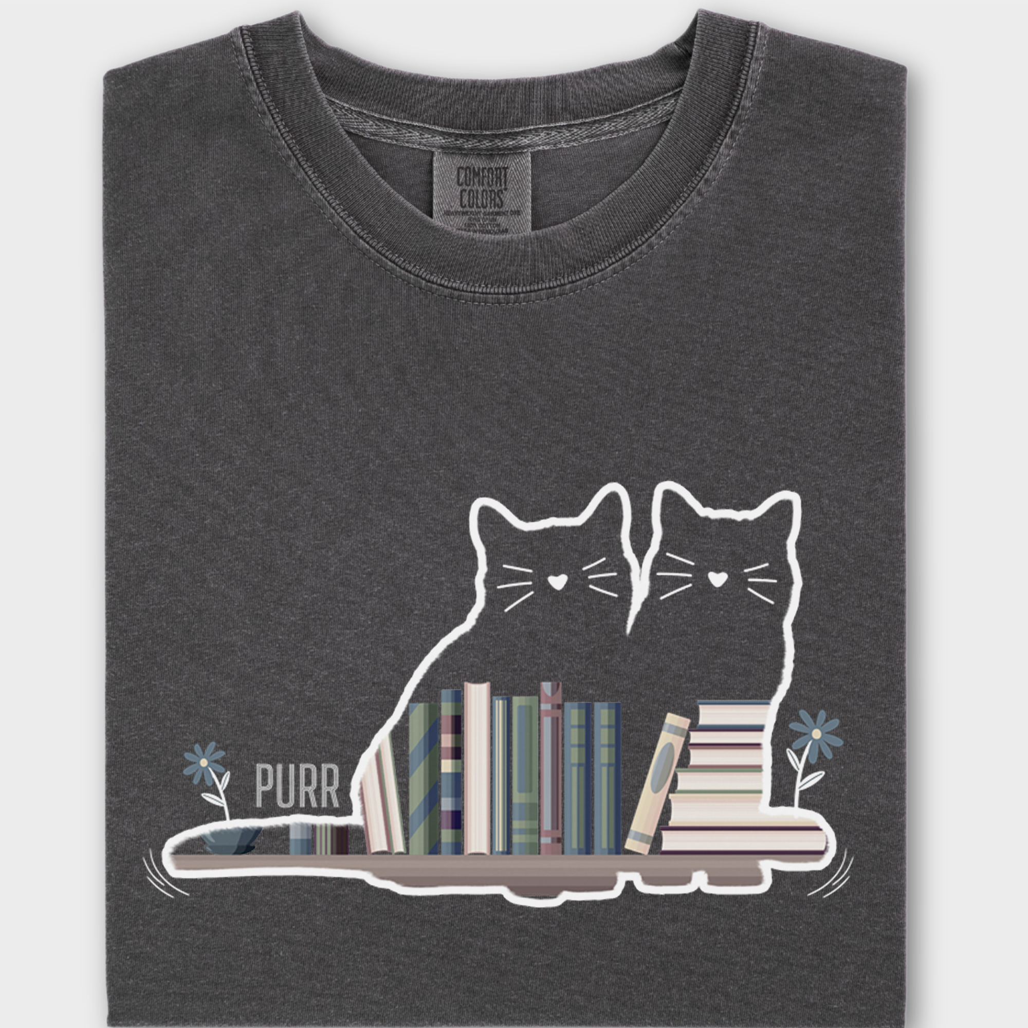 Vintage Cat Book Shelf PURR Cat Graphic Comfort Colors T-Shirt in Pepper-Fetch N Found