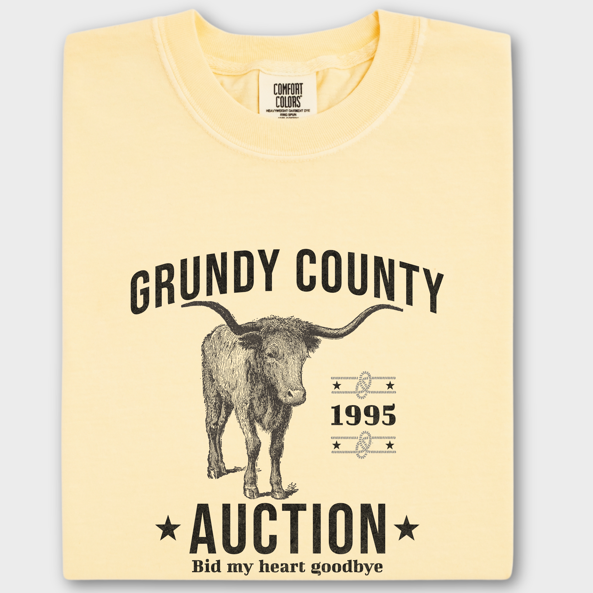 Western Grundy County Auction Animal Line Art Comfort Colors T-Shirt in Butter-Fetch N Found