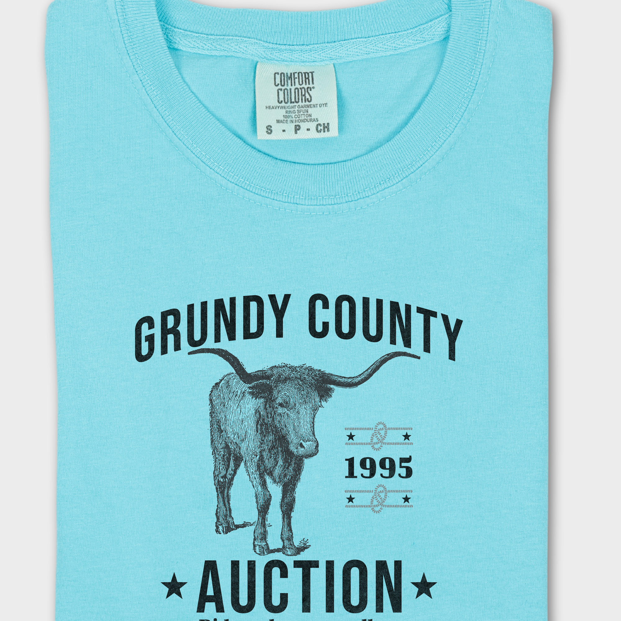 Western Grundy County Auction Animal Line Art Comfort Colors T-Shirt in Lagoon Blue-Fetch N Found