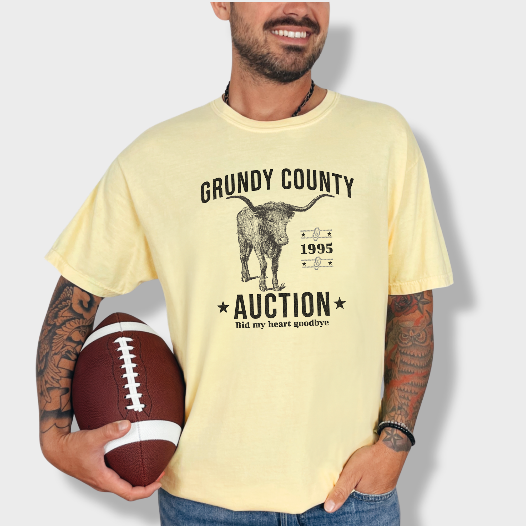 Western Grundy County Auction Animal Line Art Comfort Colors T-Shirt in Butter-Fetch N Found