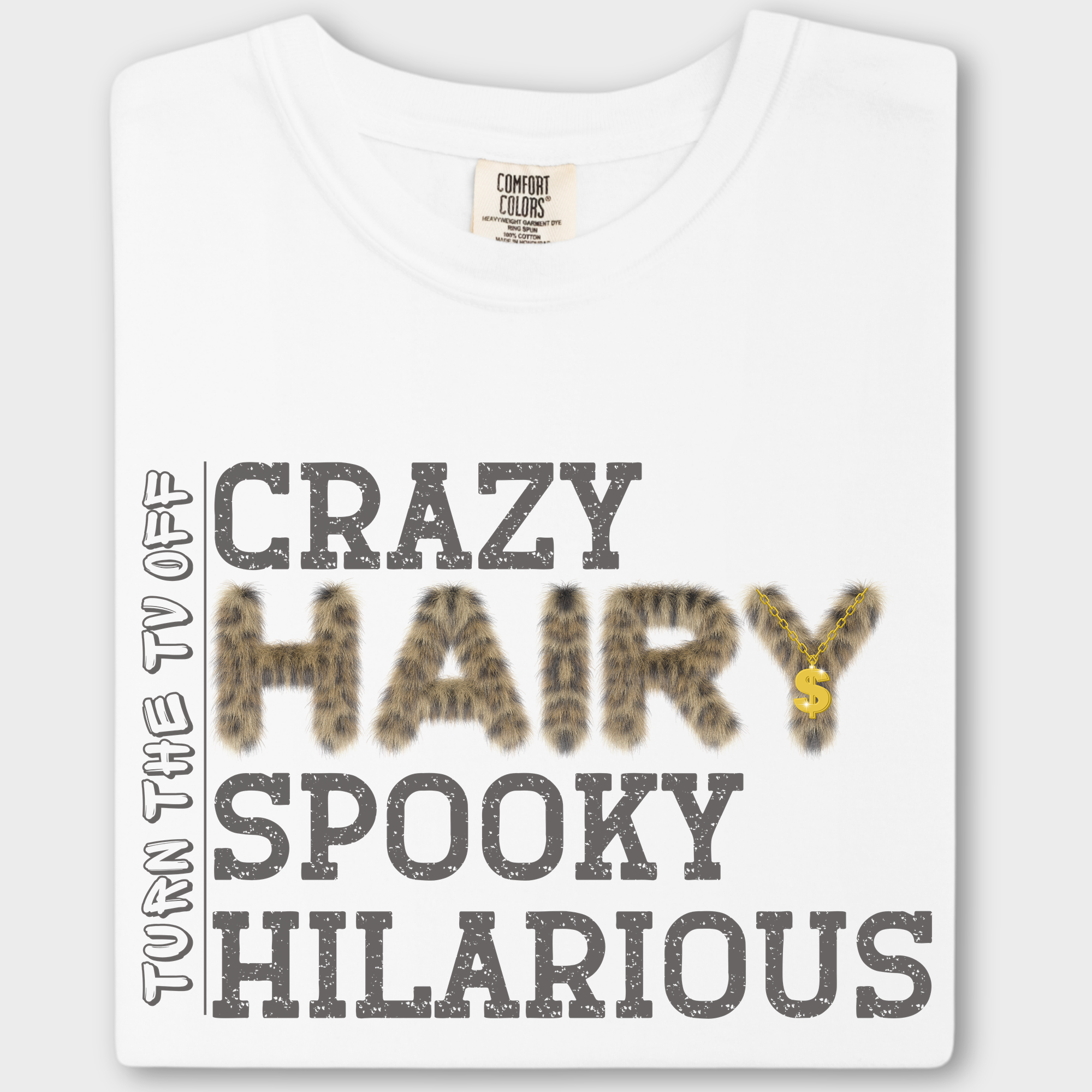 Retro-style streetwear T-shirt with eye-catching typography featuring furry letters and a gold chain for a playful, bold statement.