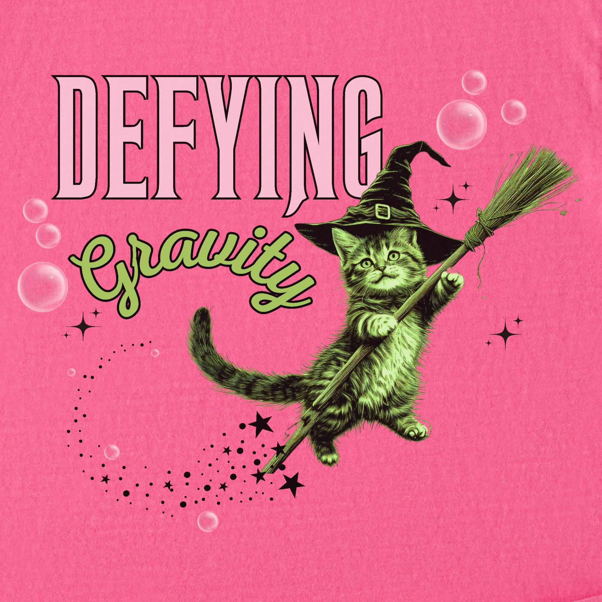 Retro Cute Cat Graphic Defying Gravity Wicked-Inspired T-Shirt in Crunchberry