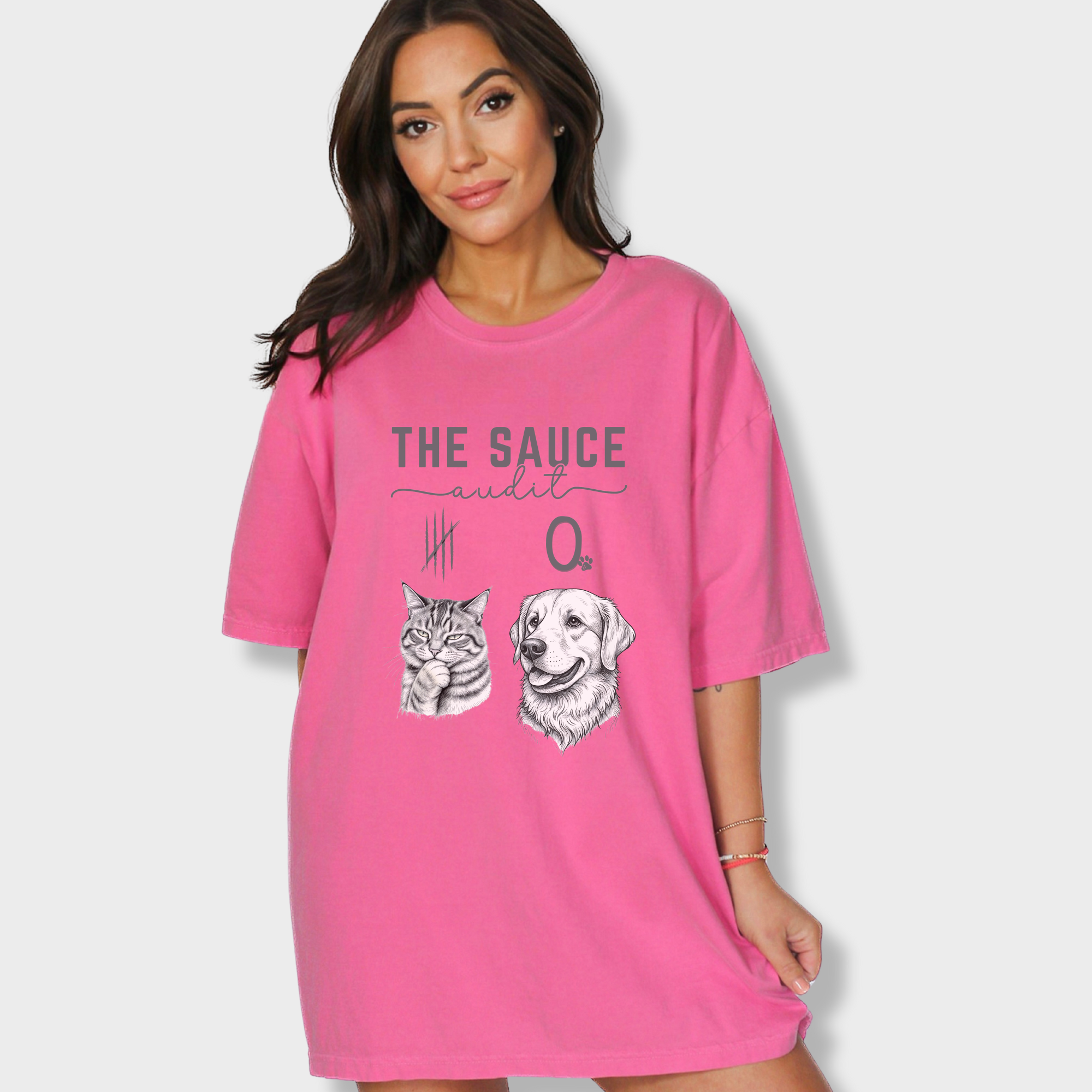 Line Art Who Gives the Sauce Cat v Dog Sauce Audit Cat Graphic Comfort Colors T-Shirt in Crunchberry-T-Shirt-Fetch N Found