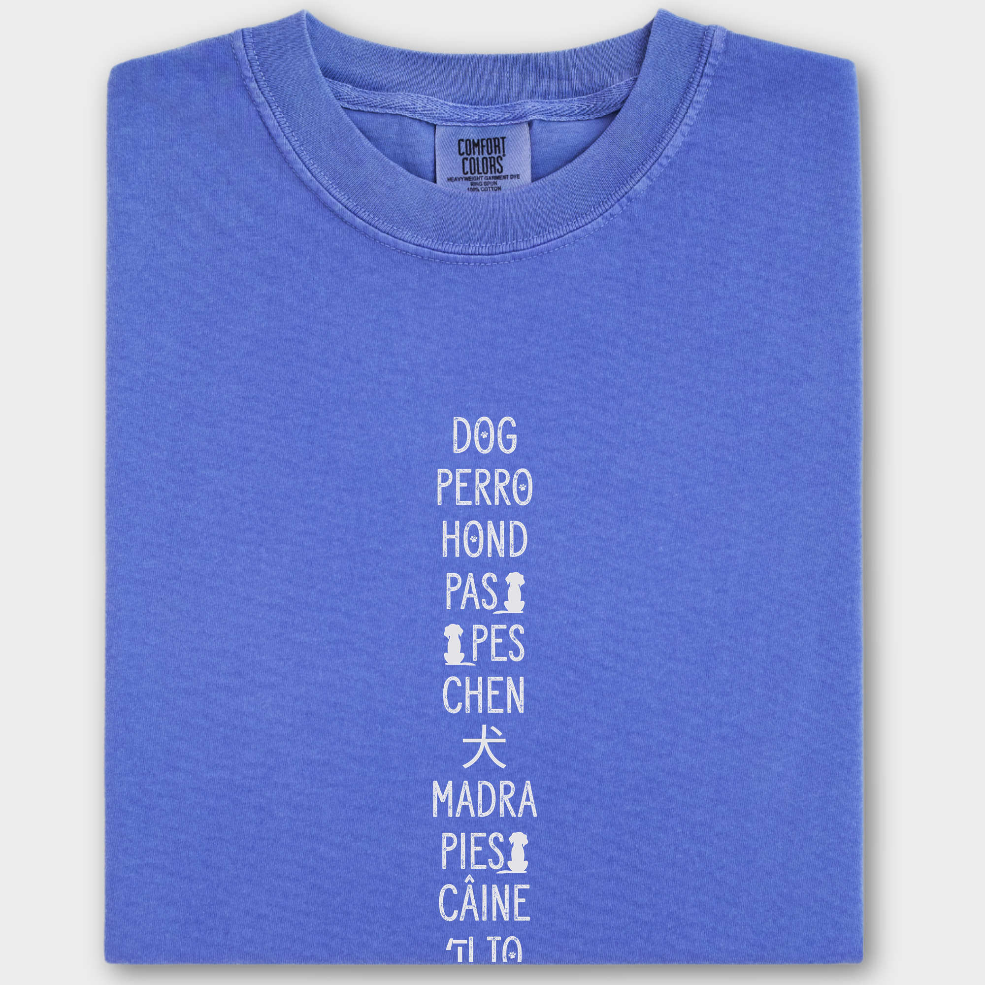 DOG In Many Languages Graphic Comfort Colors T-Shirt in Flo Blue-T-Shirt-Flo Blue-Fetch N Found
