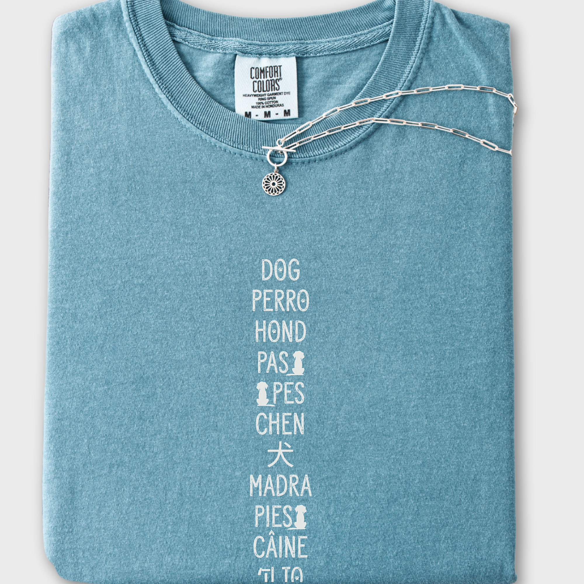 DOG In Many Languages Graphic Comfort Colors T-Shirt in Ice Blue-T-Shirt-Ice Blue-Fetch N Found