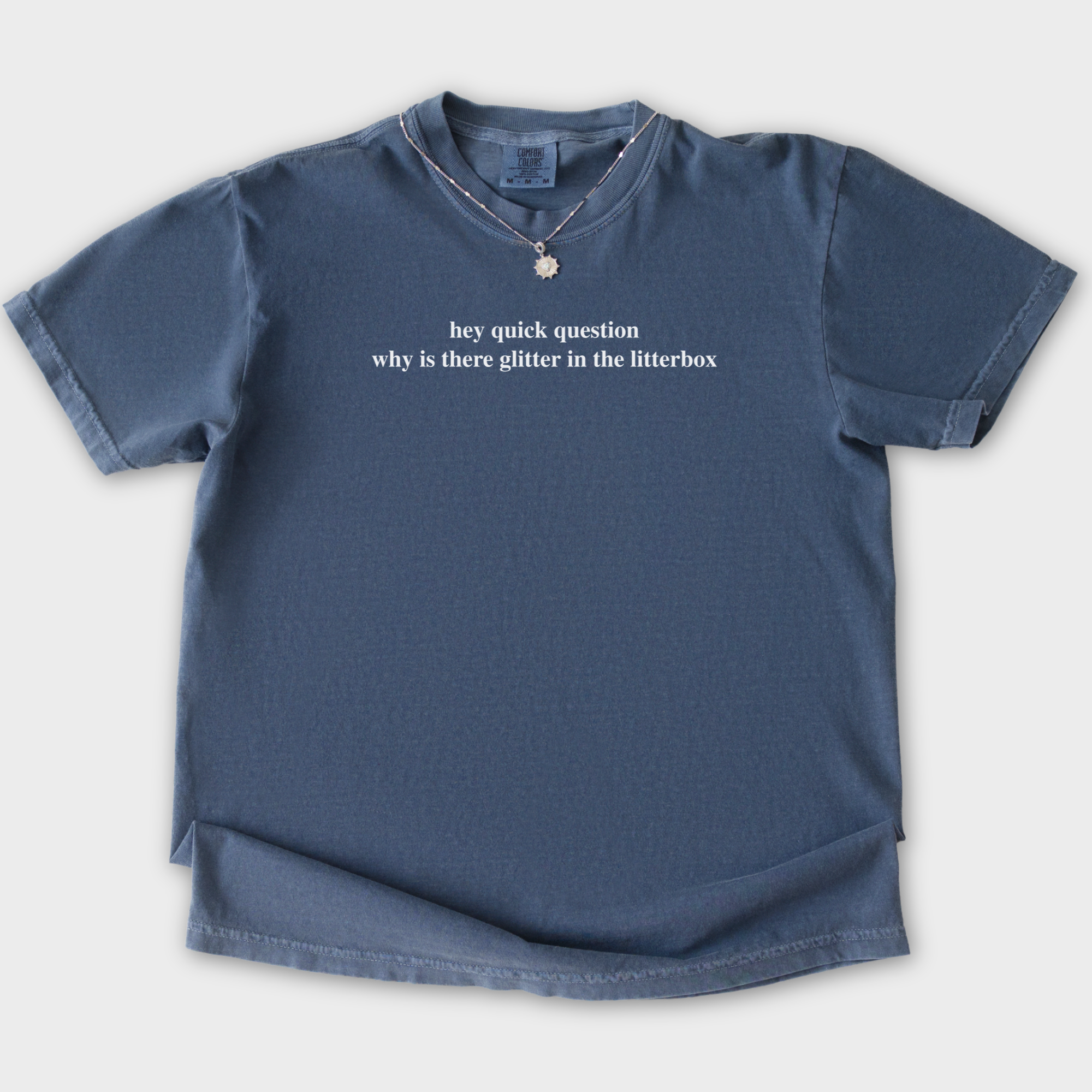 Modern Hey quick question GLITTER Pet Text Comfort Colors T-Shirt in Denim