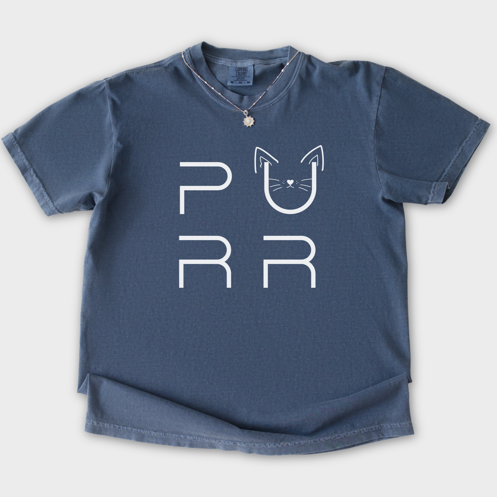 Minimalist Cat PURR T-Shirt in Denim