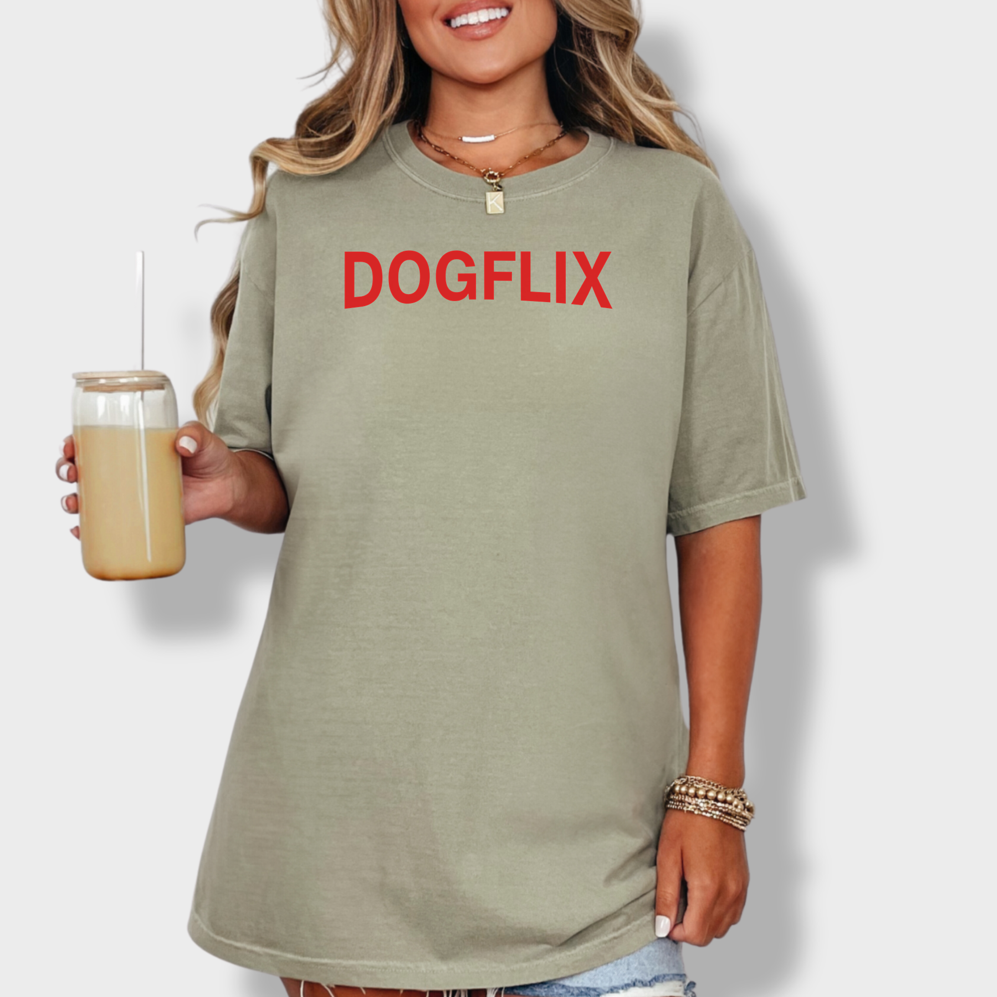 Modern DOGFLIX Dog Graphic Comfort Colors T-Shirt in Khaki-Fetch N Found