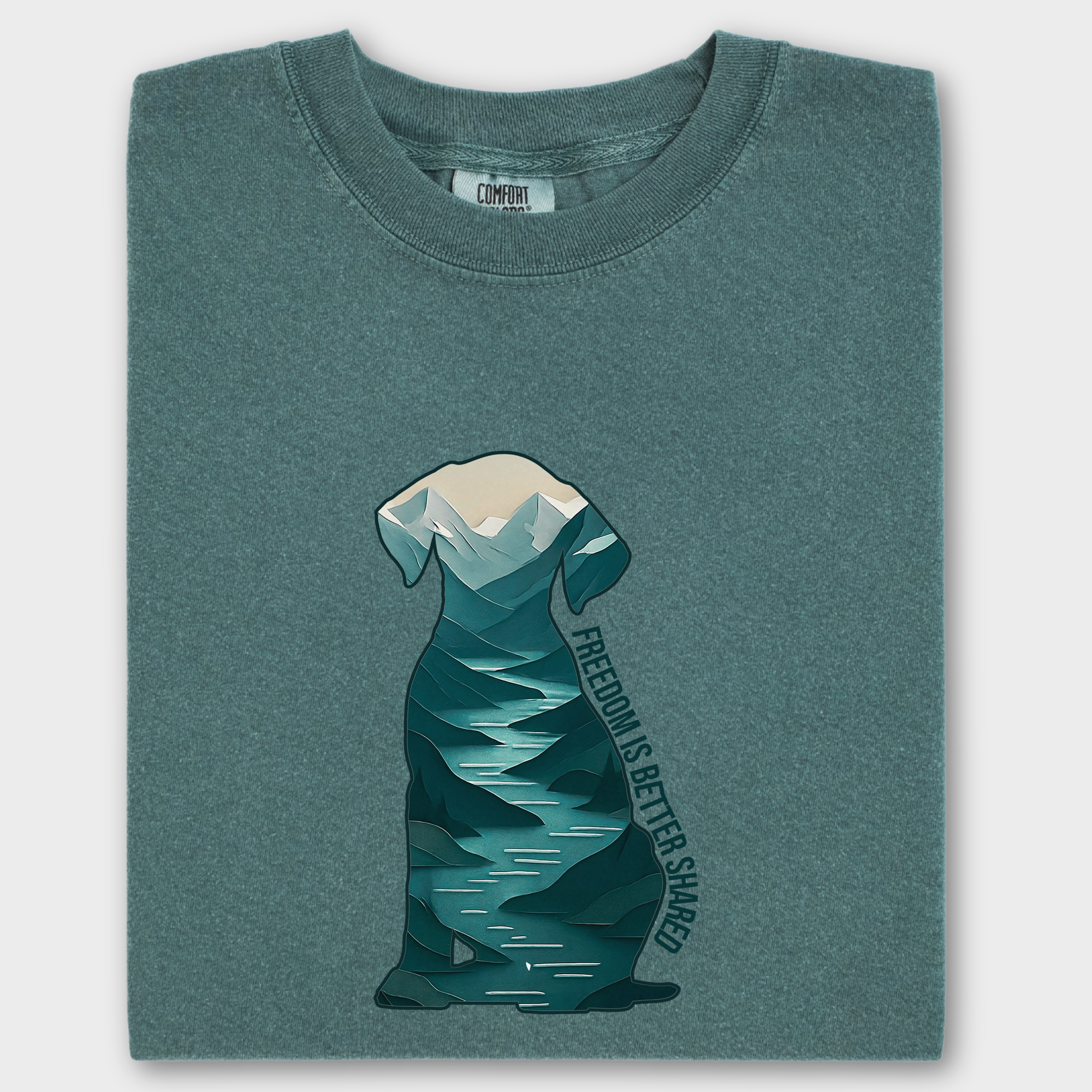 Vintage Mountain Freedom is Better Shared Dog Graphic Comfort Colors T-Shirt in Blue Spruce-Fetch N Found