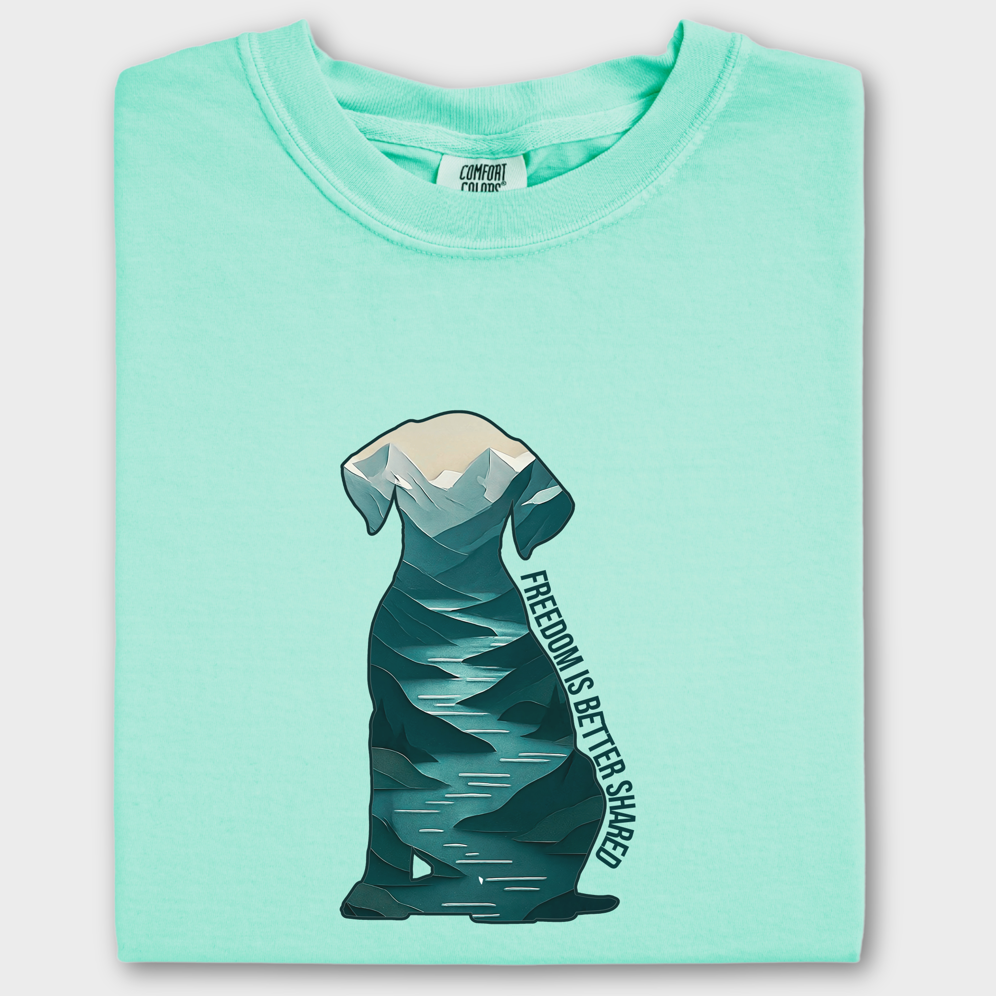 Vintage Mountain Freedom is Better Shared Dog Graphic Comfort Colors T-Shirt in Island Reef-Fetch N Found