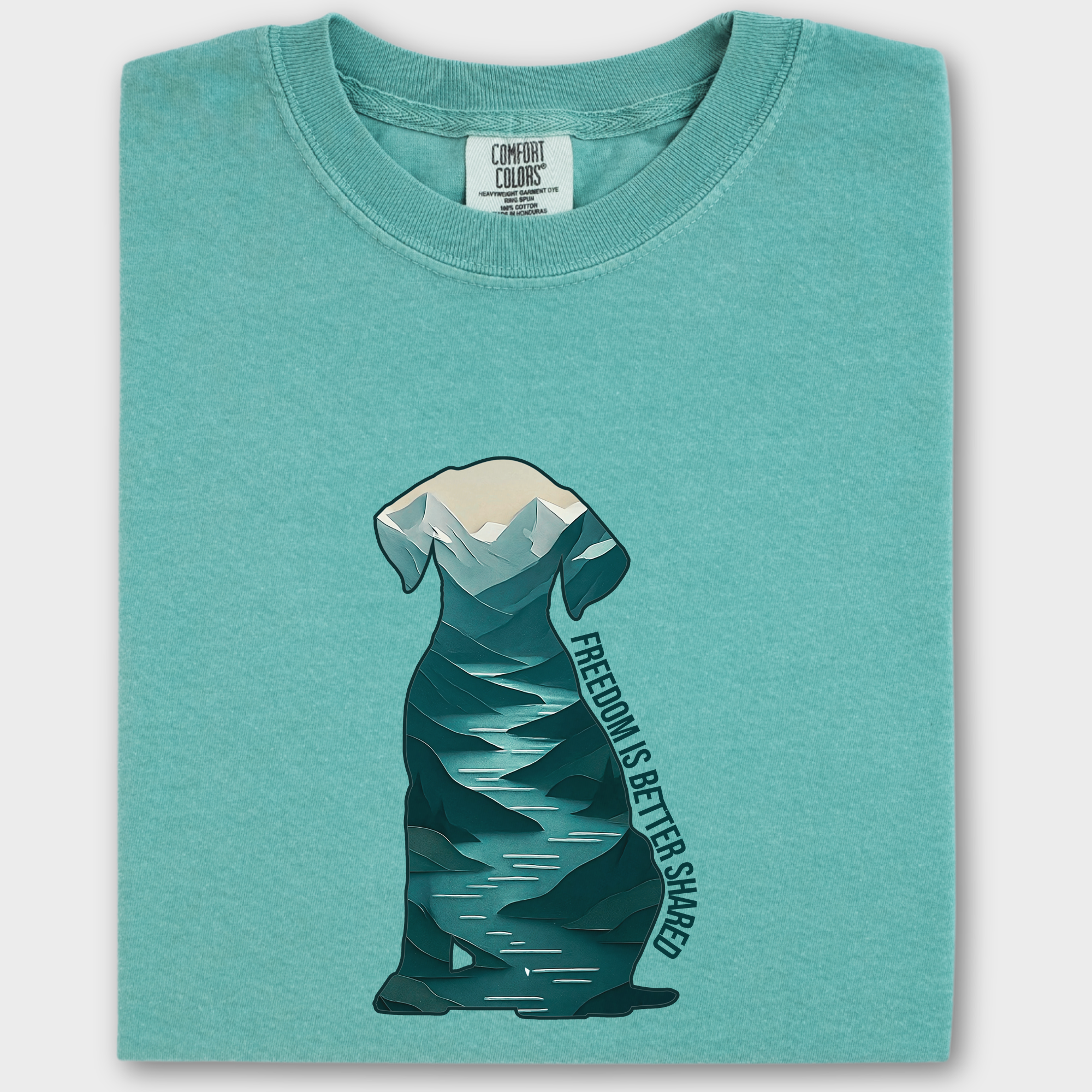 Vintage Mountain Freedom is Better Shared Dog Graphic Comfort Colors T-Shirt in Seafoam-Fetch N Found