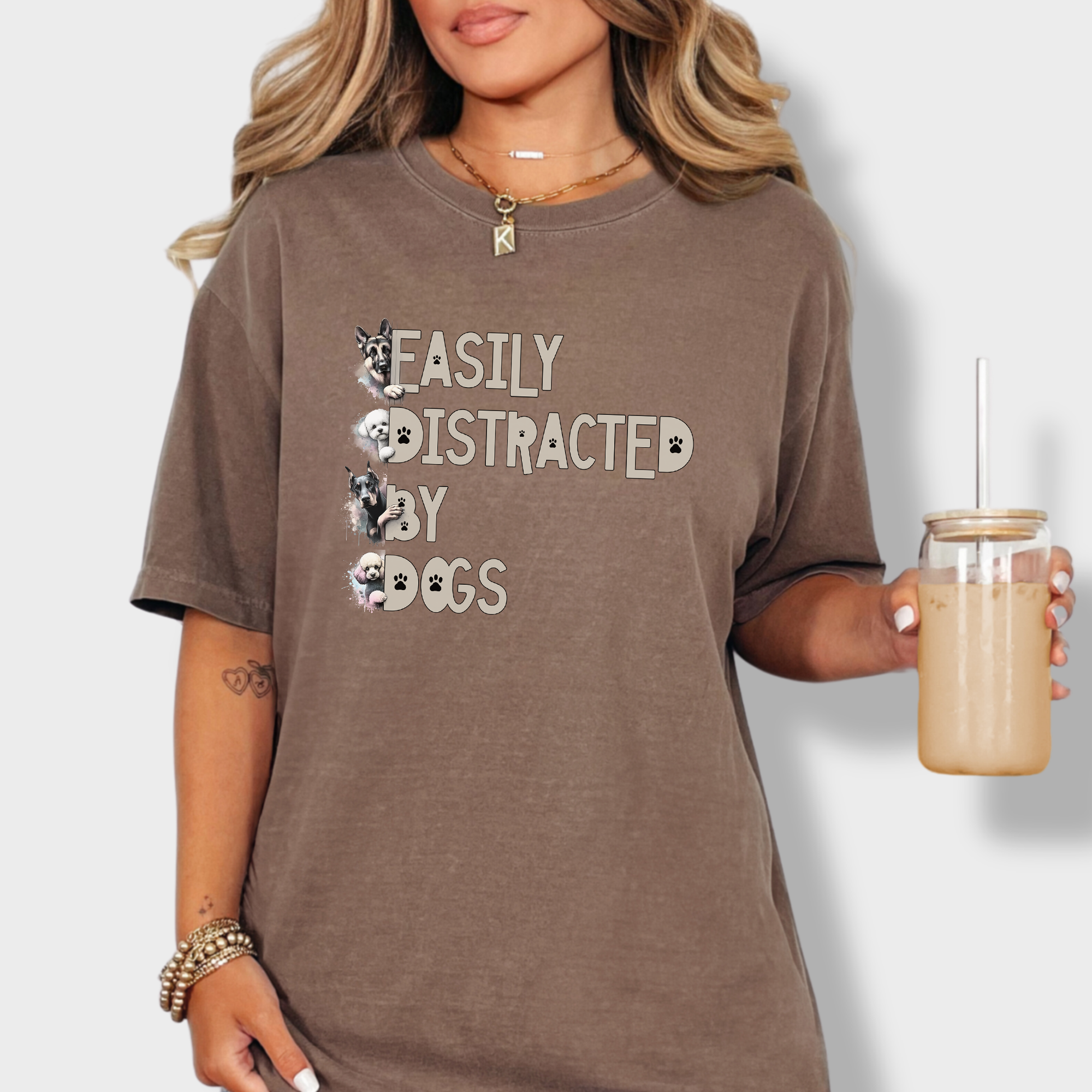 Whimsical dog lover’s T-shirt featuring a watercolor German Shepherd, Bichon Frise, Doberman, and Miniature Poodle alongside a fun pet-related phrase.