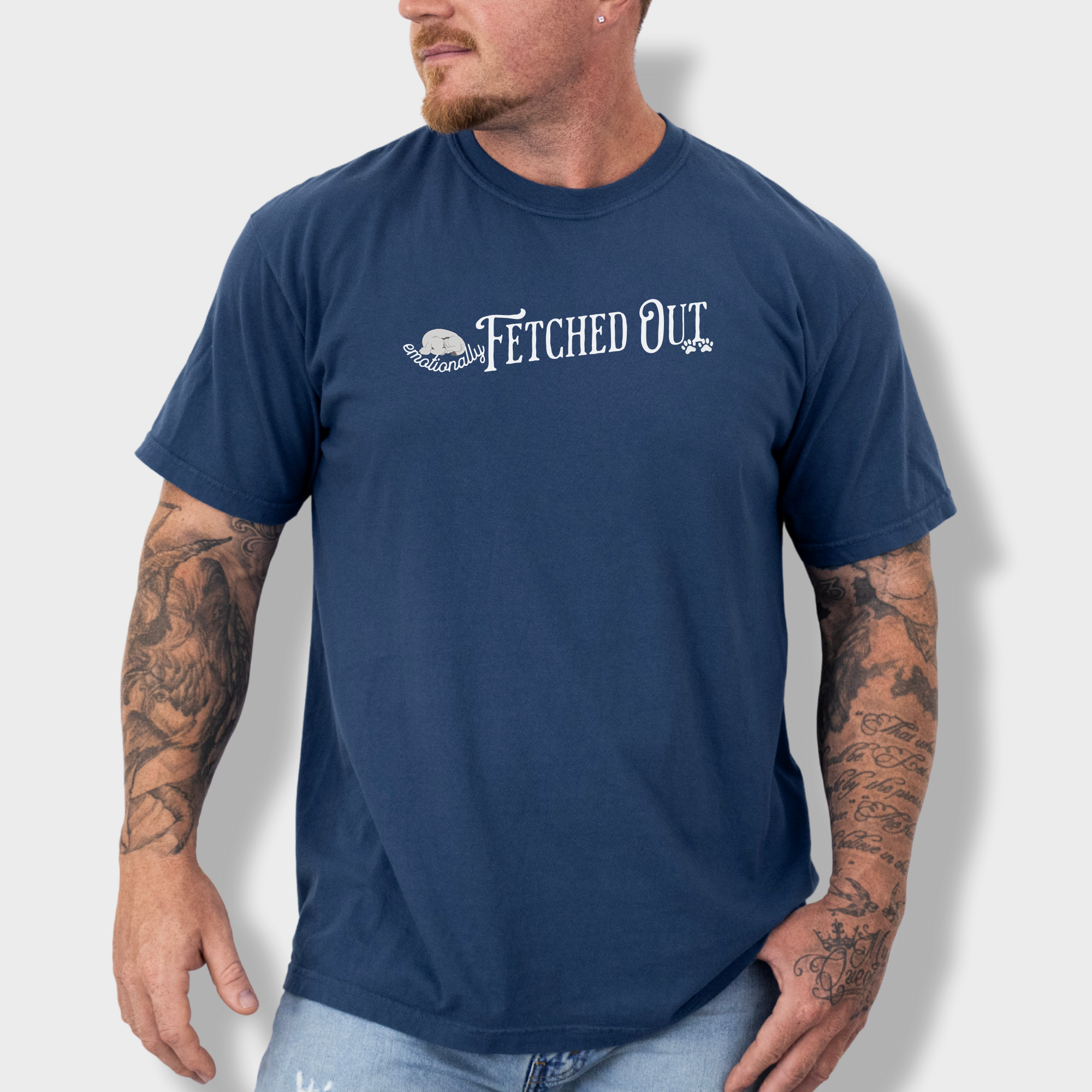 Trendy pet lover’s T-shirt featuring a clever wordplay on fetching and emotional exhaustion, perfect for dog enthusiasts.