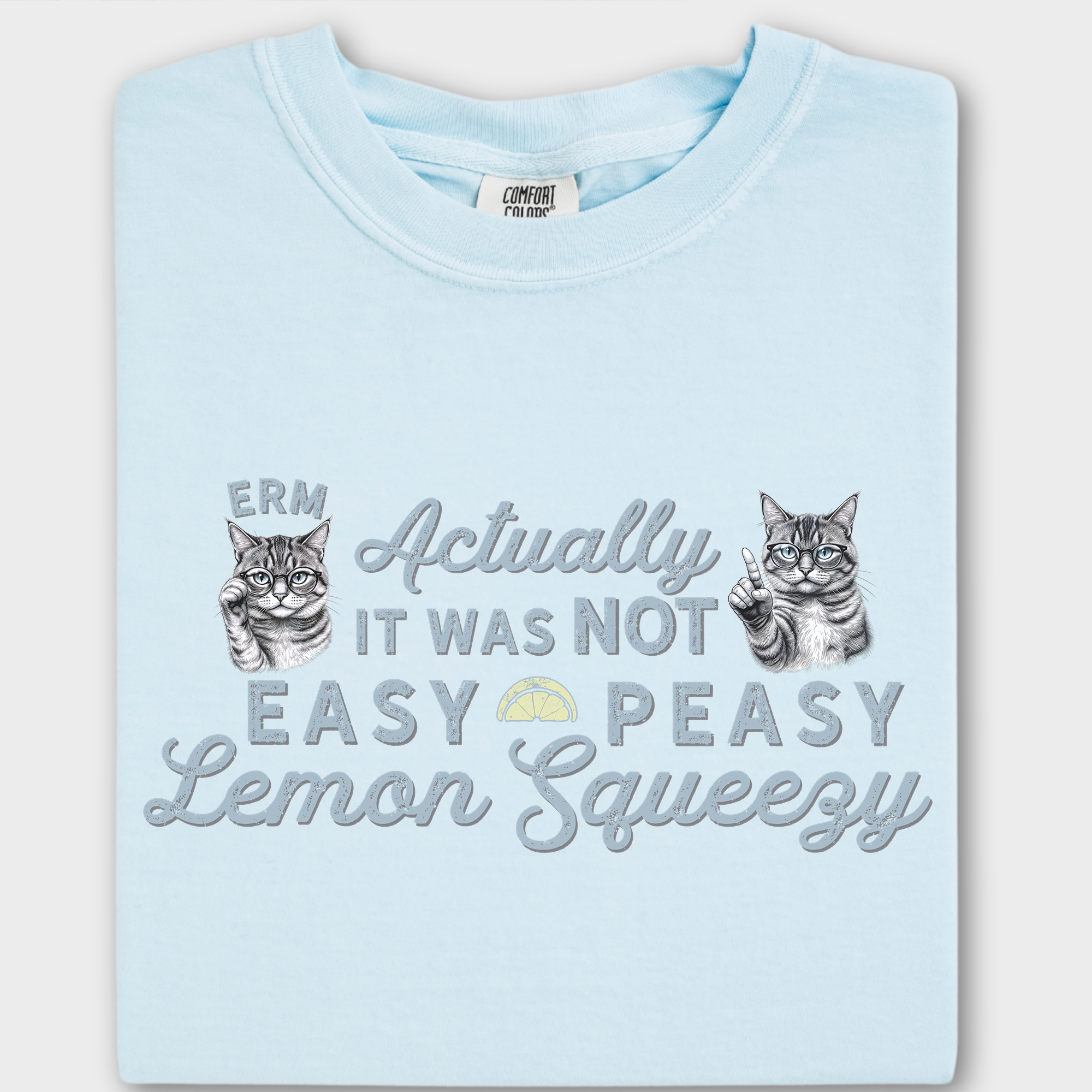 Vintage Erm Actually It Was Not Easy Peasy Lemon Squeezy Cat Line Art Comfort Colors T-Shirt in Chambray-T-Shirt-Chambray-Fetch N Found