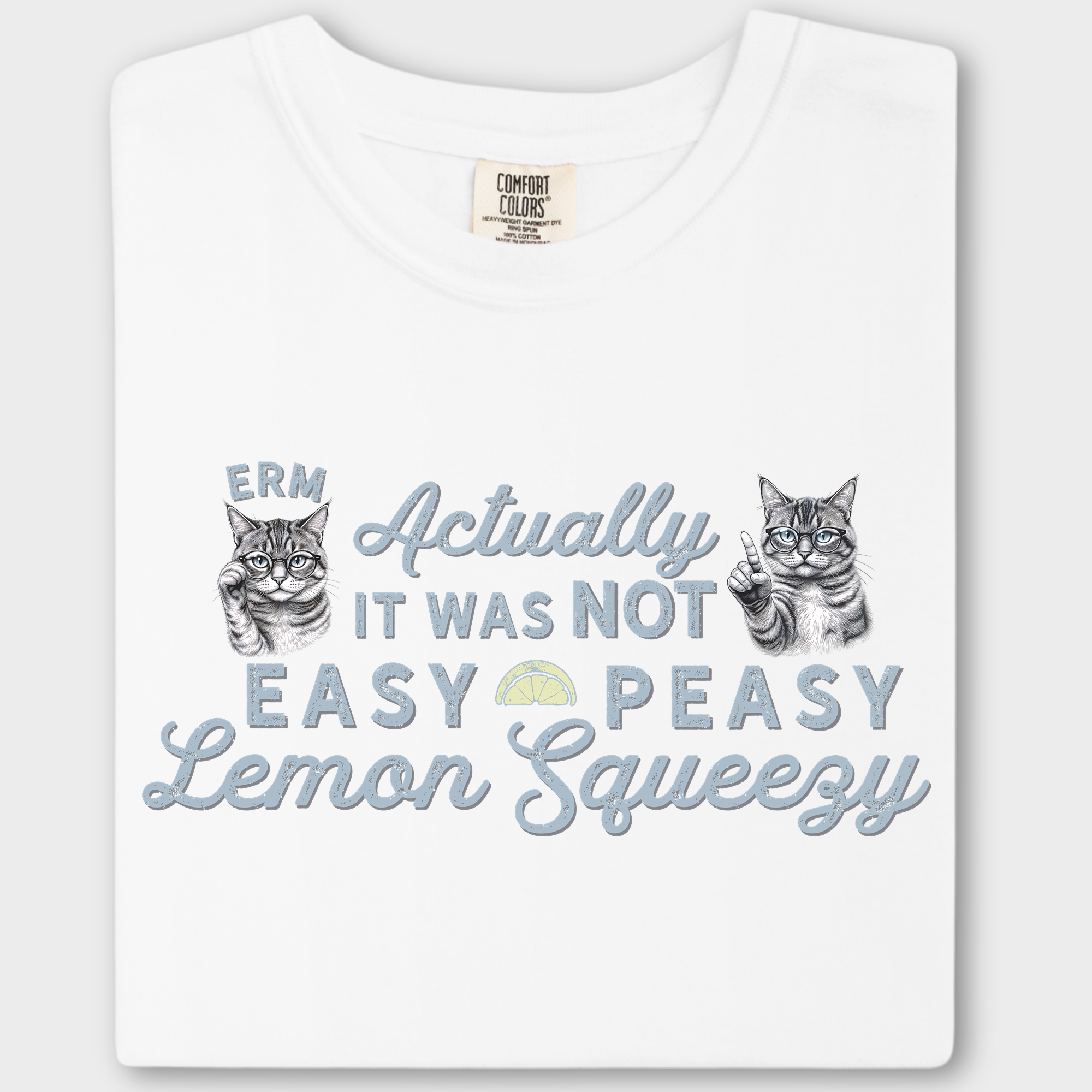 Vintage Erm Actually It Was Not Easy Peasy Lemon Squeezy Cat Line Art Comfort Colors T-Shirt in White-T-Shirt-White-Fetch N Found