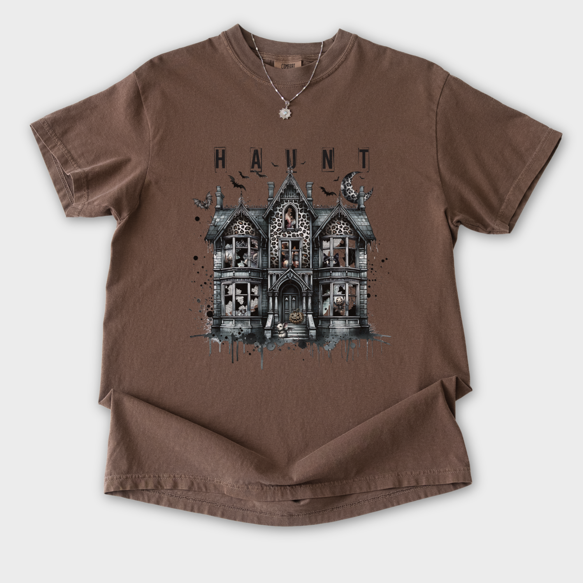Retro HAUNT Leopard Print House Collage Cat Graphic Comfort Colors T-Shirt in Espresso-T-Shirt-Espresso-S-Fetch N Found