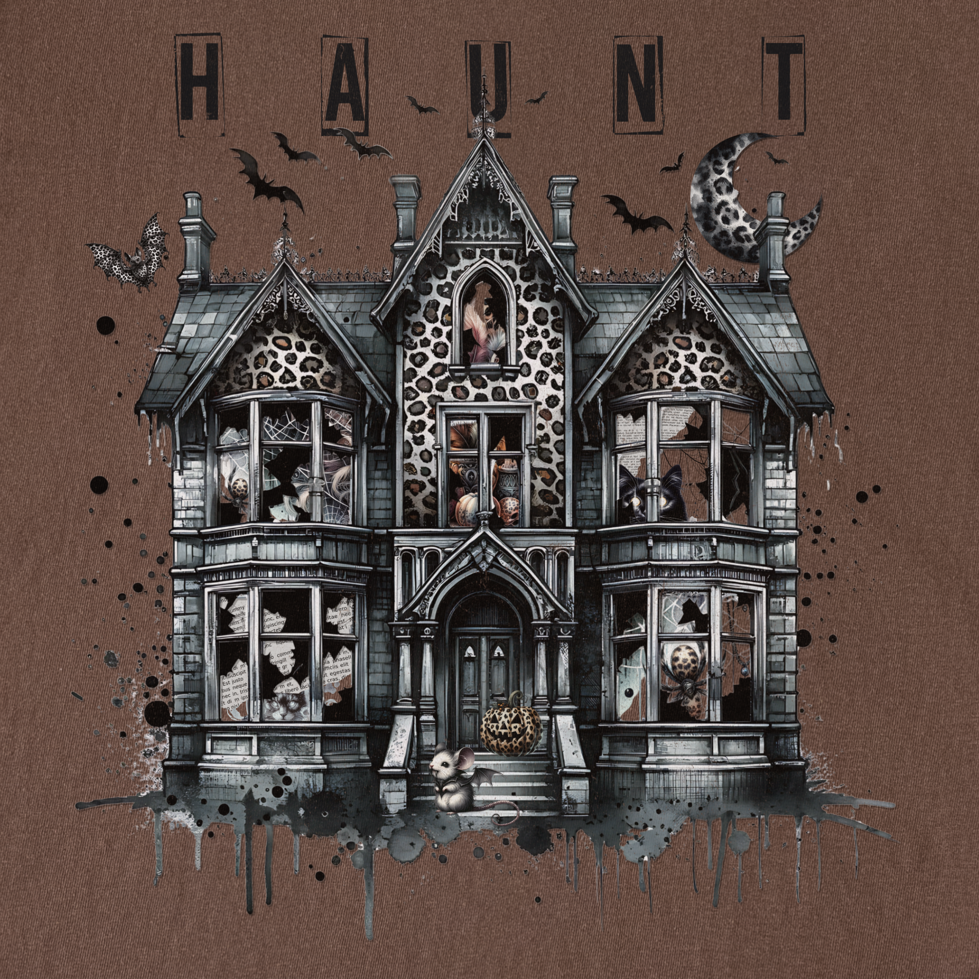 Retro HAUNT Leopard Print House Collage Cat Graphic Comfort Colors T-Shirt in Espresso-T-Shirt-Fetch N Found