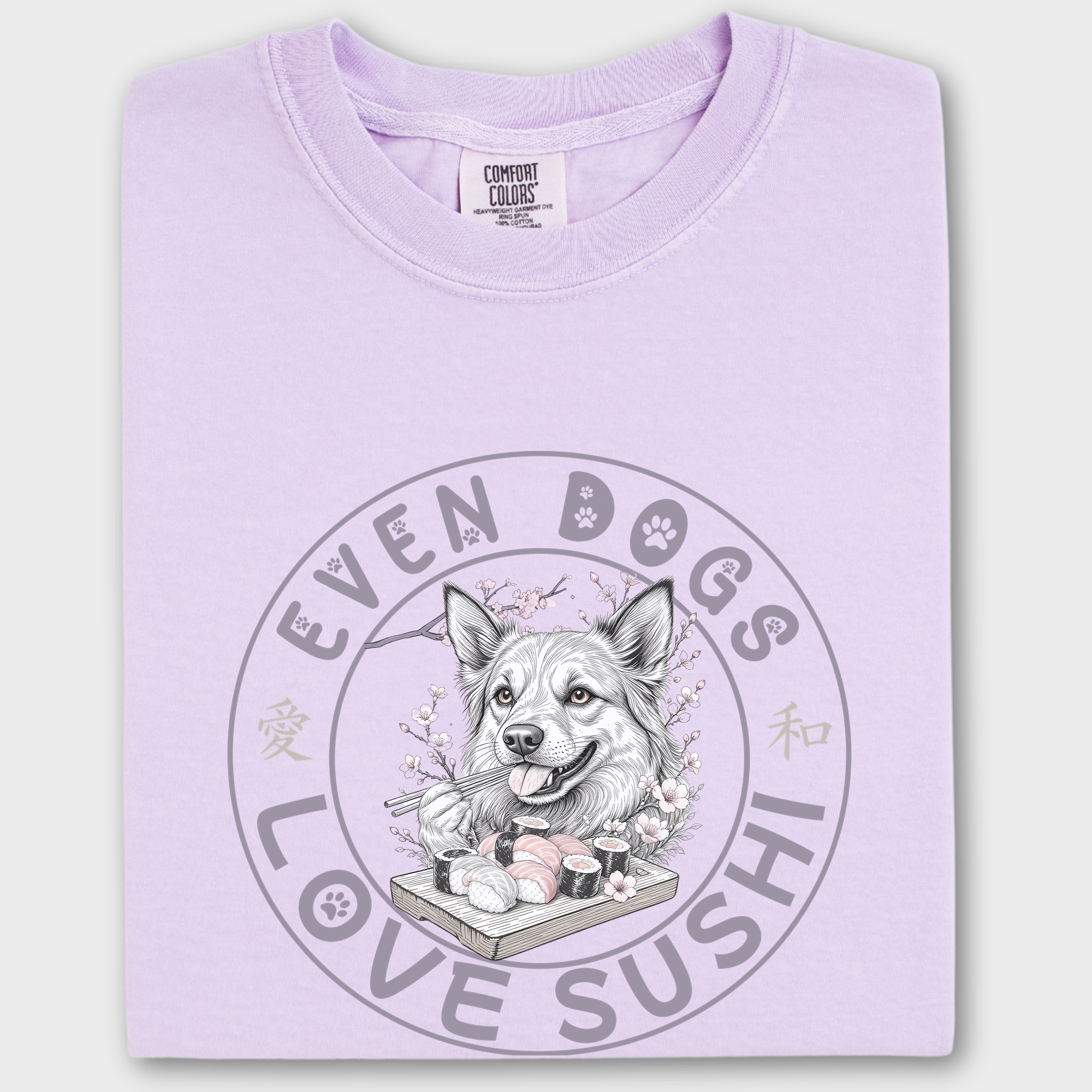 Floral Even Dogs Love Sushi Plus Cherry Blossoms Dog Graphic Comfort Colors T-Shirt in Orchid-T-Shirt-Orchid-Fetch N Found