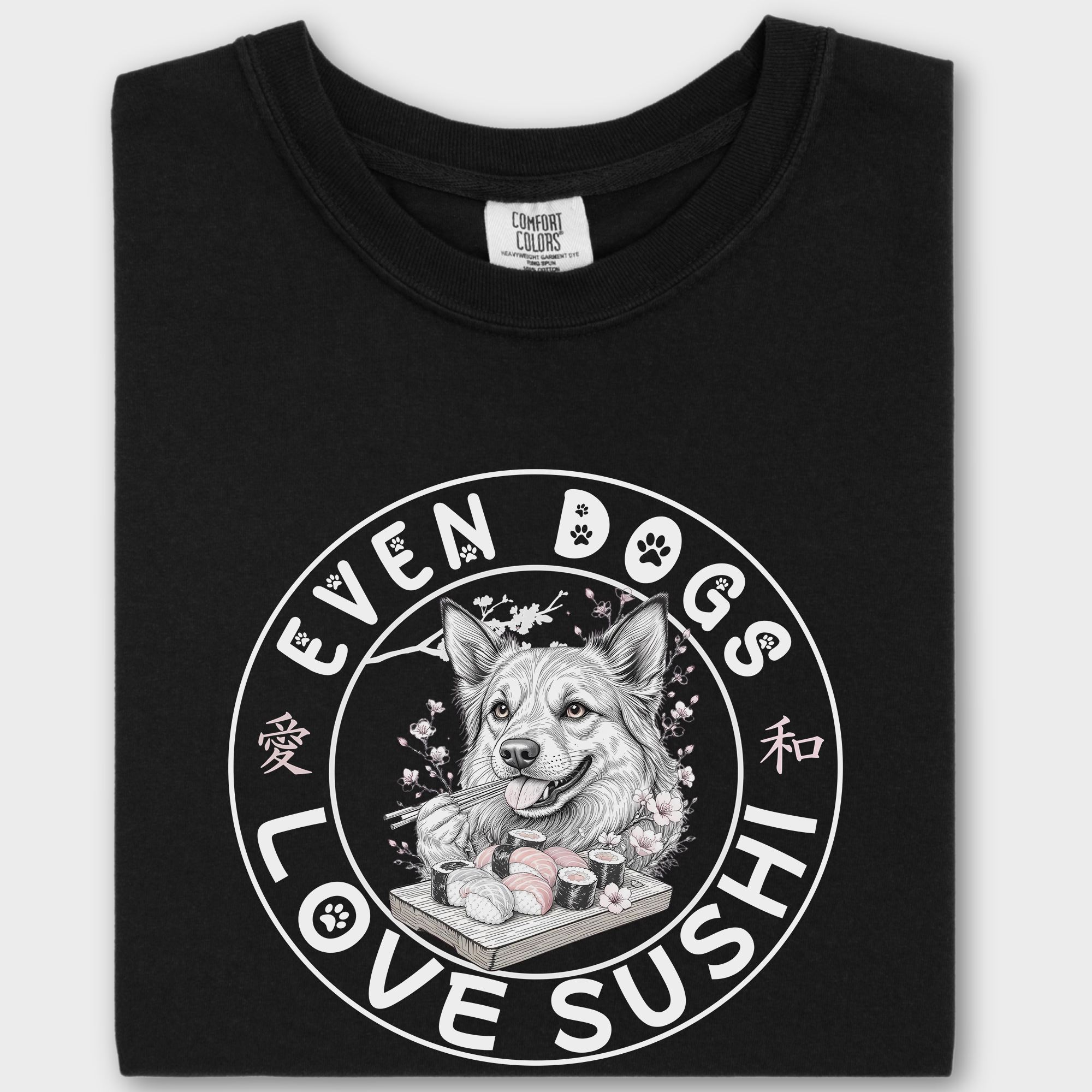 Floral Even Dogs Love Sushi Plus Cherry Blossoms Dog Graphic Comfort Colors T-Shirt in Black-T-Shirt-Black-Fetch N Found