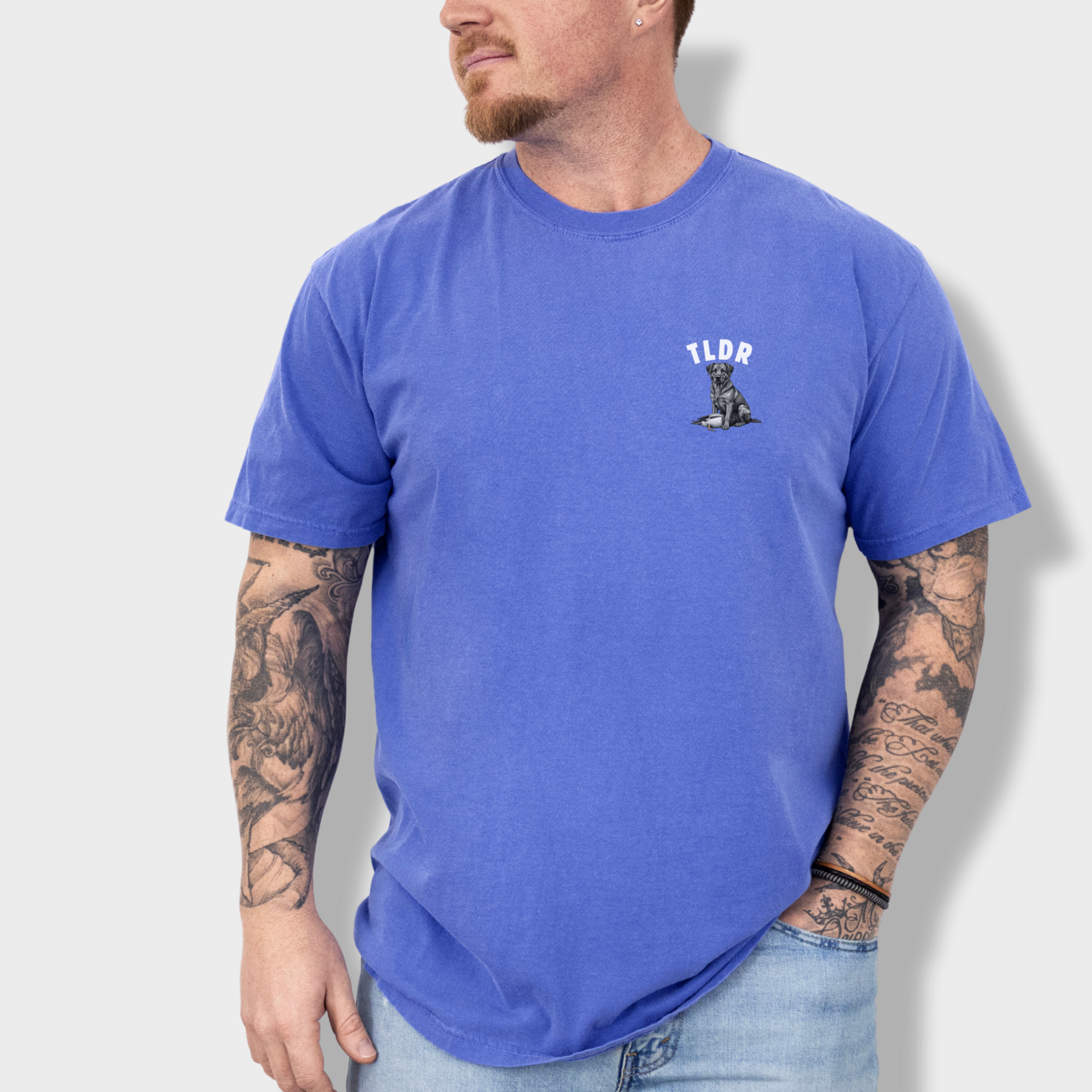 Line Art Too Long Didnt Read TLDR Dog Plus Duck Dog Graphic Comfort Colors T-Shirt in Flo Blue-T-Shirt-Fetch N Found