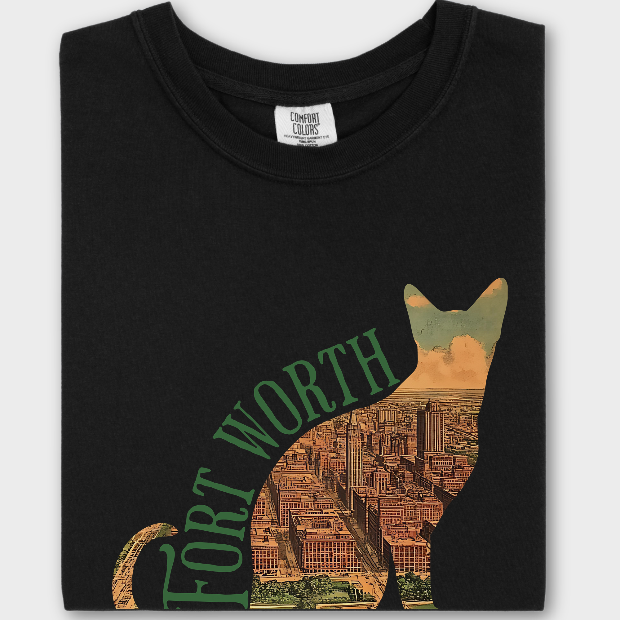 Soft cotton tee featuring a stylish fusion of Fort Worth cartography and cat-inspired design, blending urban and feline aesthetics.