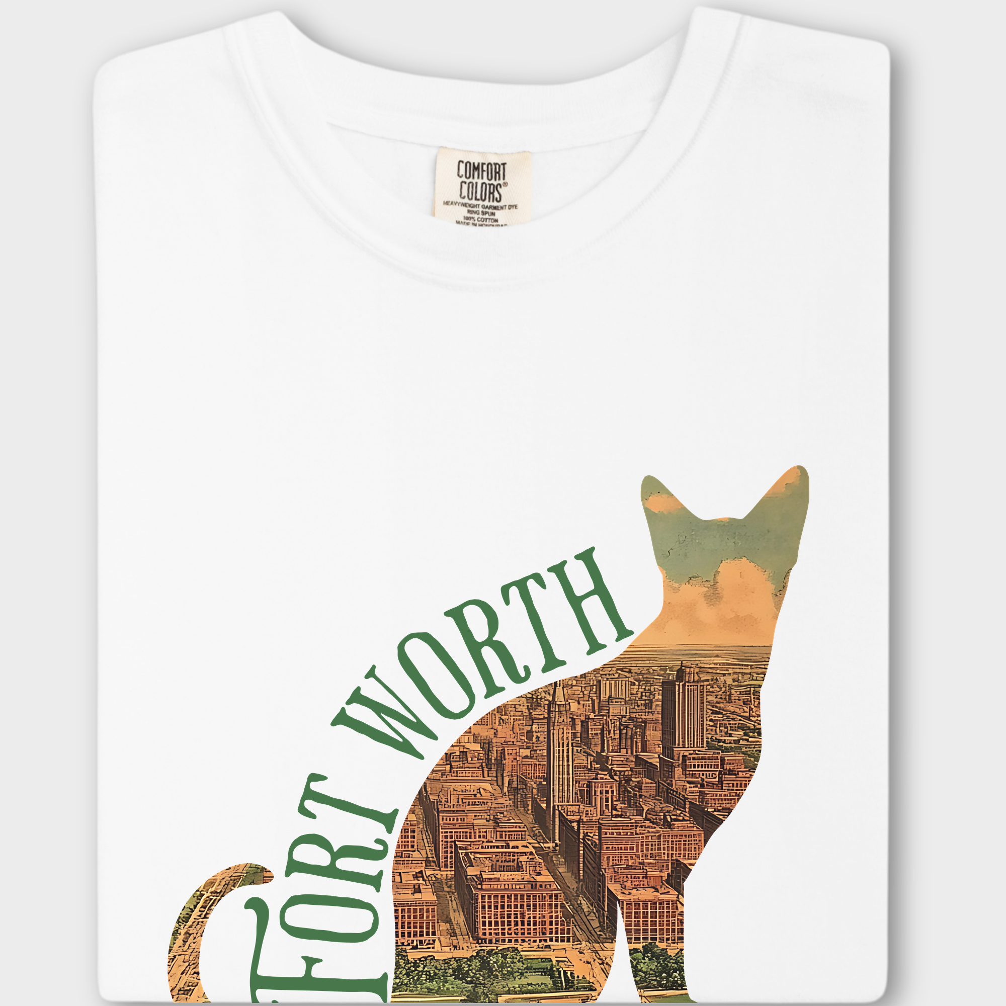 Unique T-shirt featuring a vintage satellite map of Fort Worth, Texas, framed within a bold cat silhouette design.