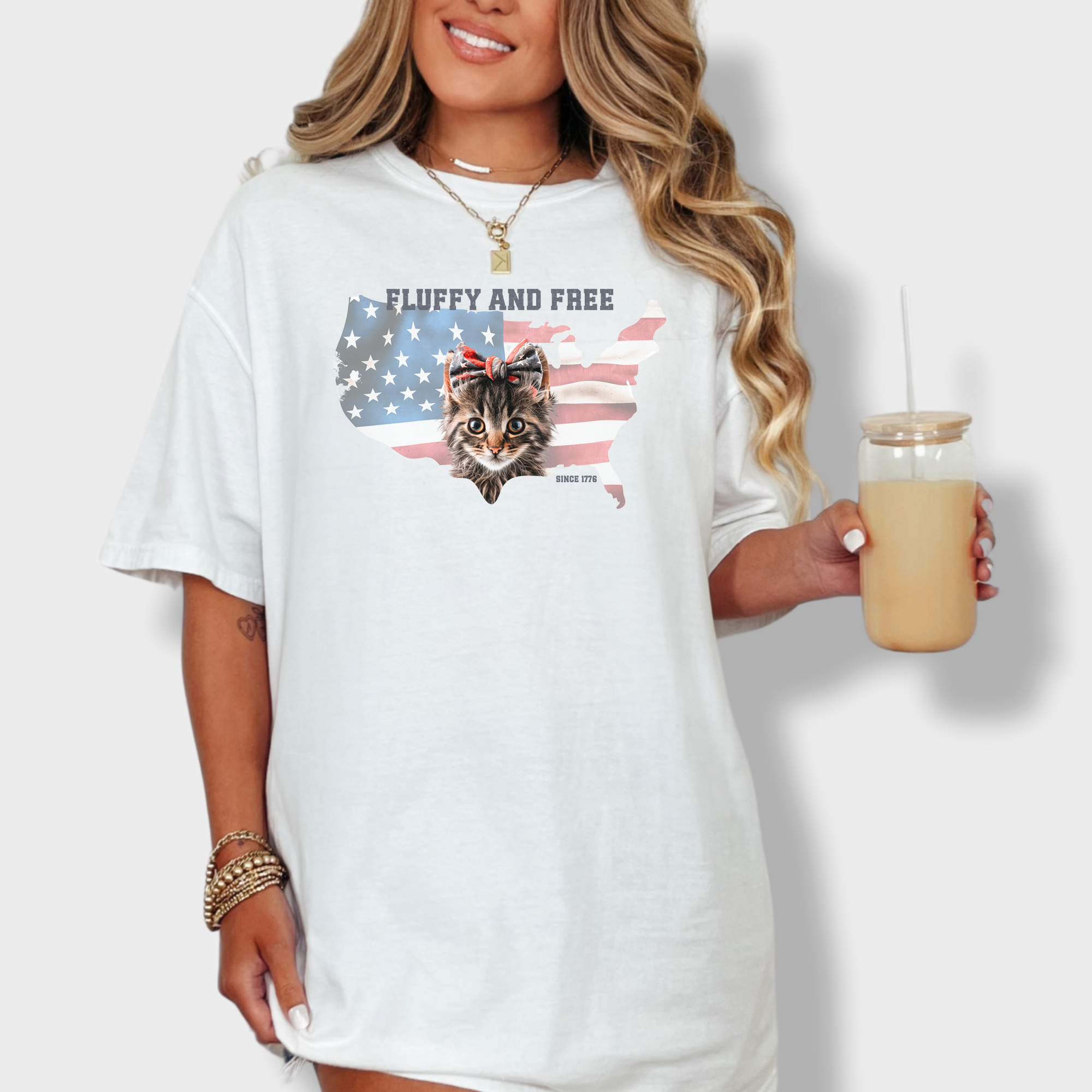 Retro Fluffy and Free Fourth of July Kitty Cat Graphic Comfort Colors T-Shirt in White