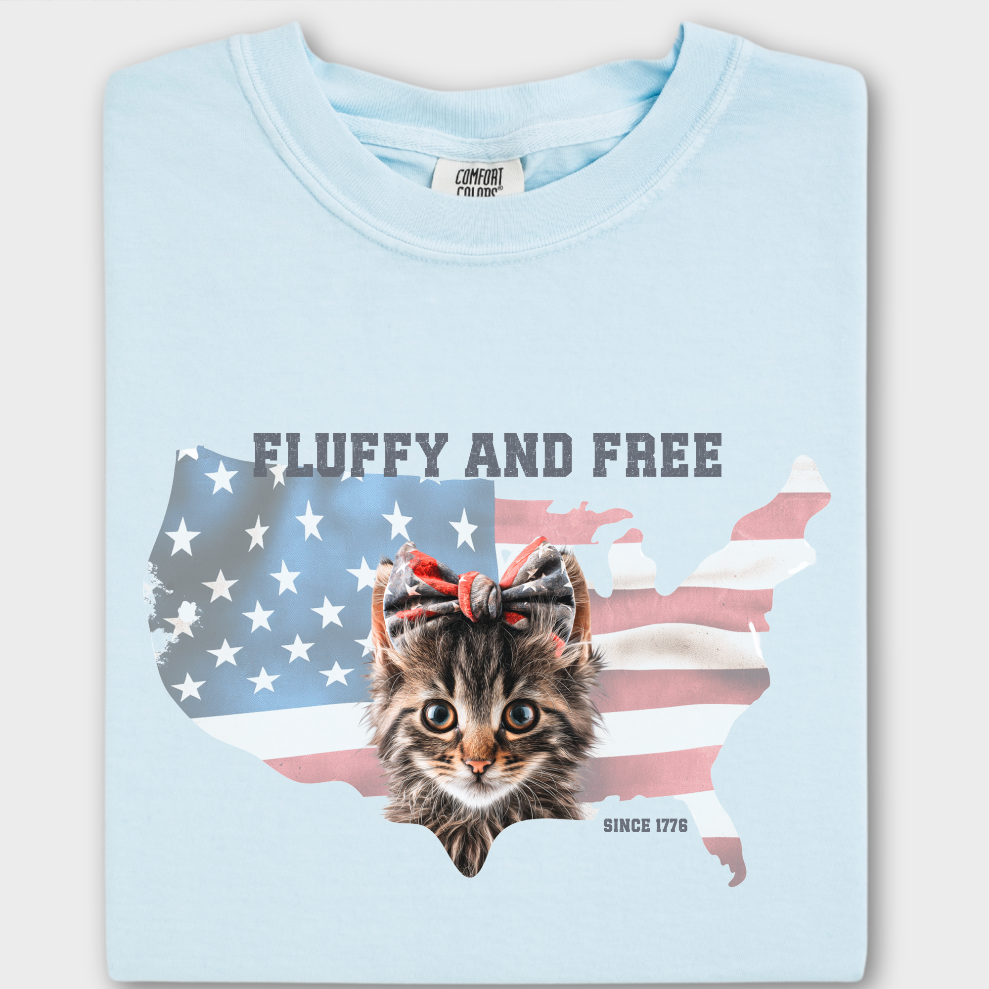 Retro Fluffy and Free Fourth of July Kitty Cat Graphic Comfort Colors T-Shirt in Chambray