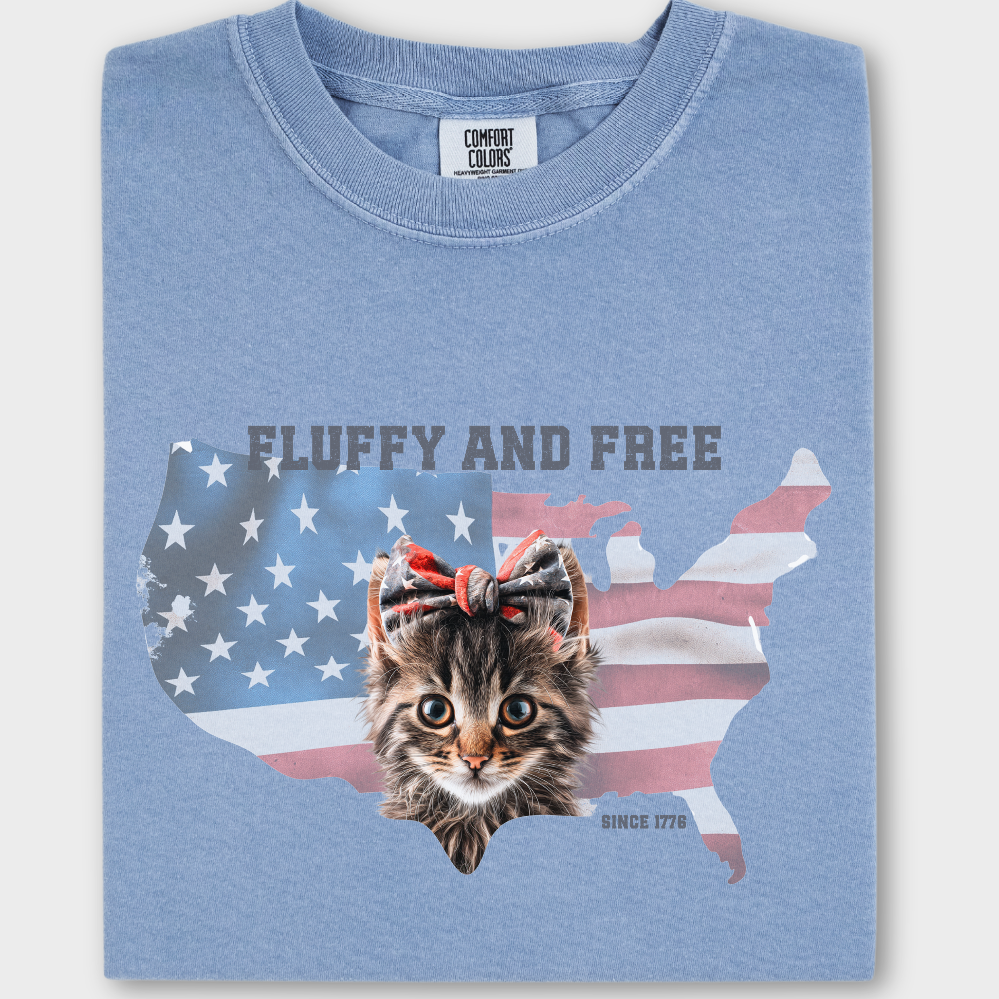 Retro Fluffy and Free Fourth of July Kitty Cat Graphic Comfort Colors T-Shirt in Washed Denim
