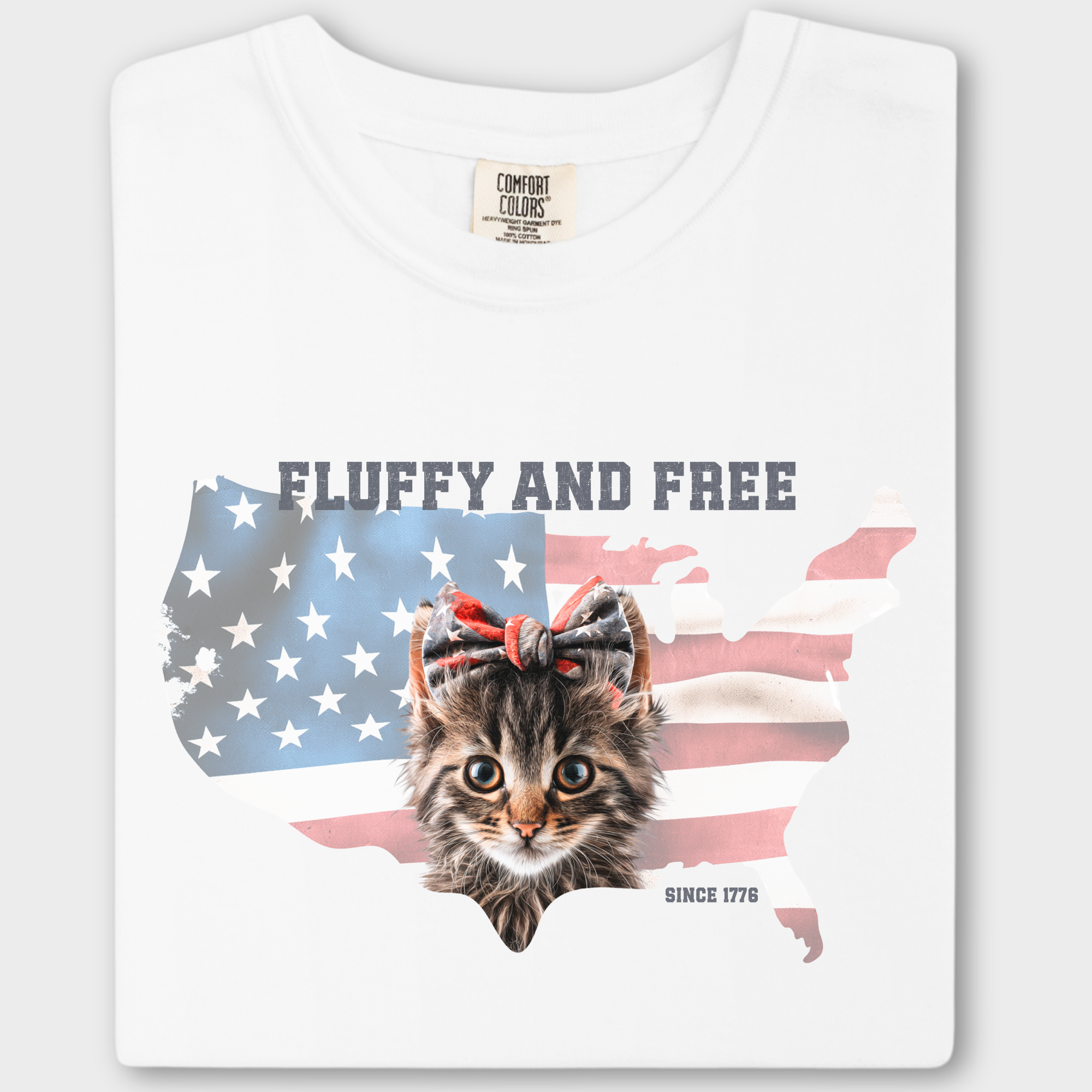 Retro Fluffy and Free Fourth of July Kitty Cat Graphic Comfort Colors T-Shirt in White