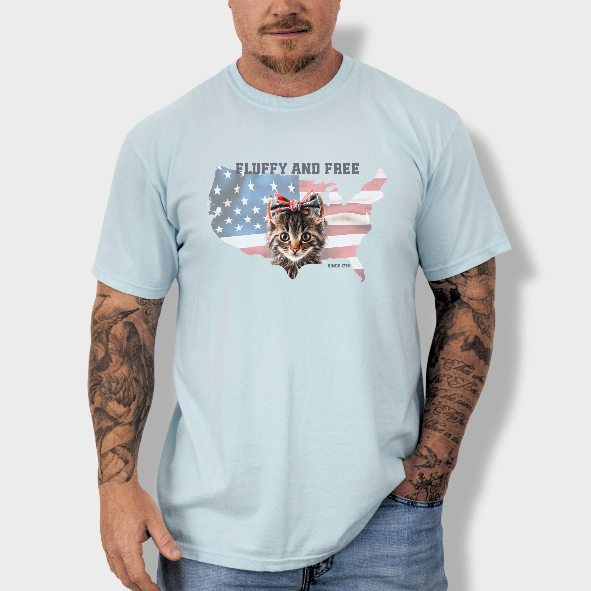 Retro Fluffy and Free Fourth of July Kitty Cat Graphic Comfort Colors T-Shirt in Chambray